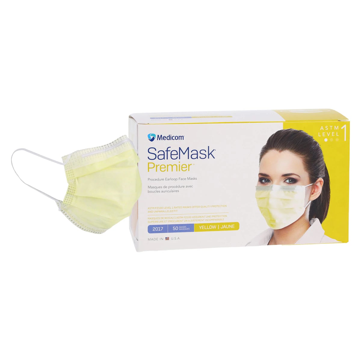 SafeMask Premier Procedure Face Mask, ASTM Level 1, Ear Loop, Yellow, 50/Box