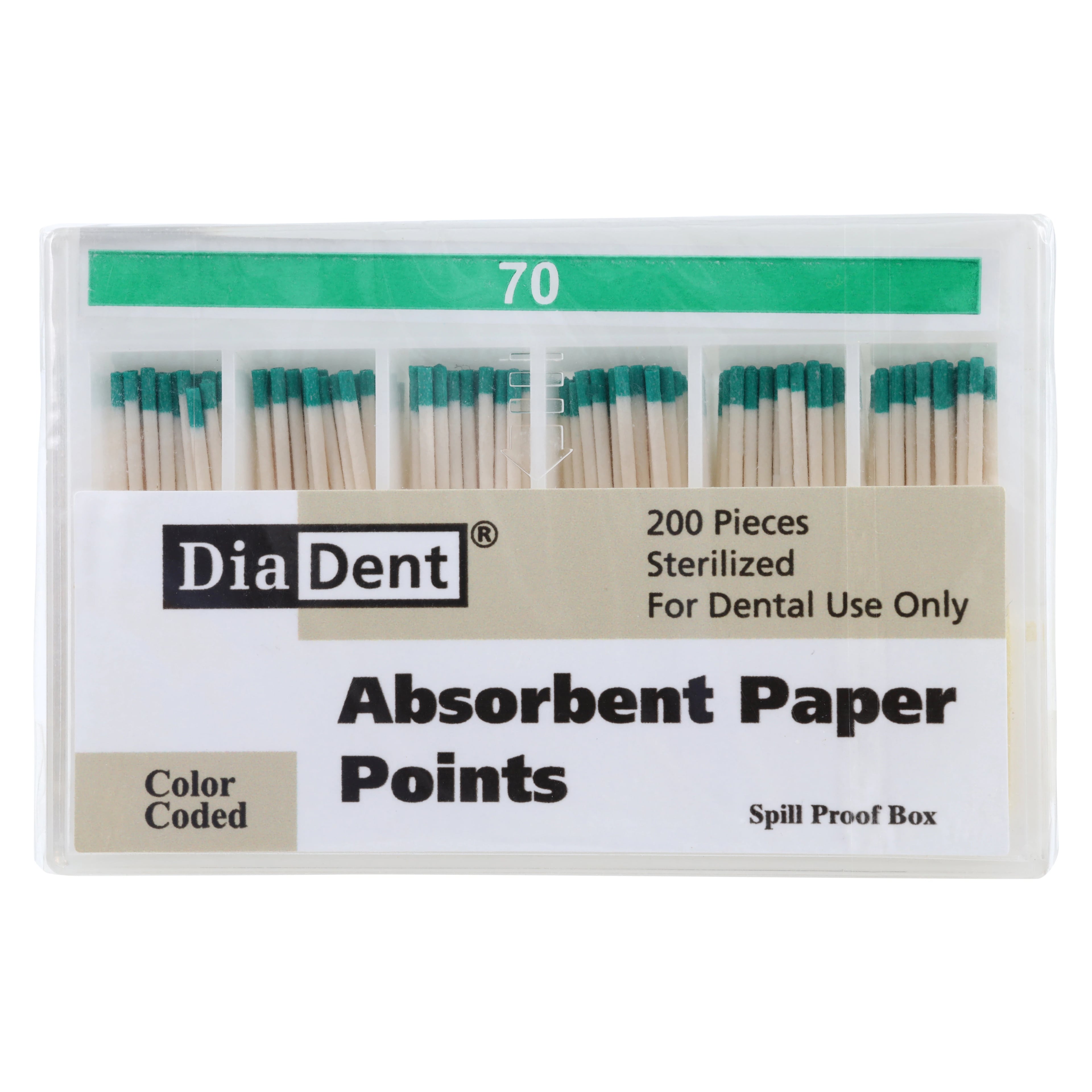 DiaDent Absorbent Paper Points, Non-Marked, .02 Taper, ISO Size #70, Green, Slide Package, 200/Box