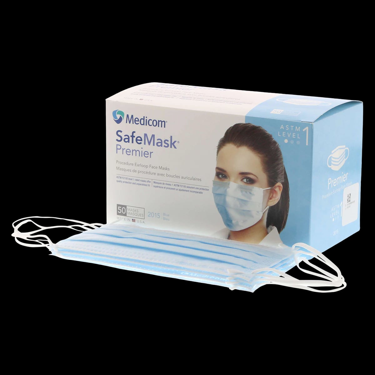 SafeMask Premier Procedure Face Mask, ASTM Level 1, Blue, Ear Loop, 50/Box, 2015