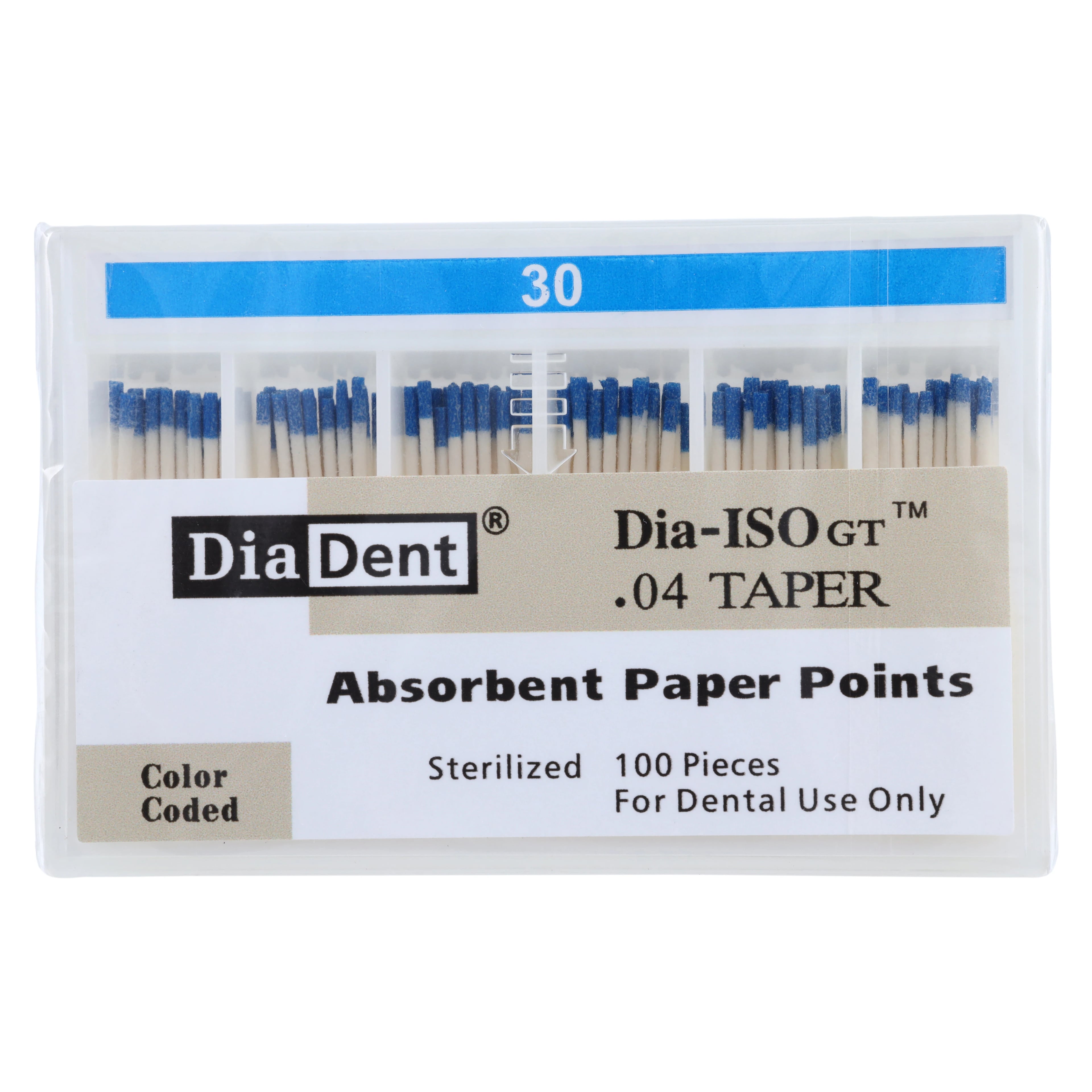 DiaDent Dia-ISO GT Absorbent Paper Points, .04 Taper, ISO Size #30, Blue, 100/Pk, 210-S606