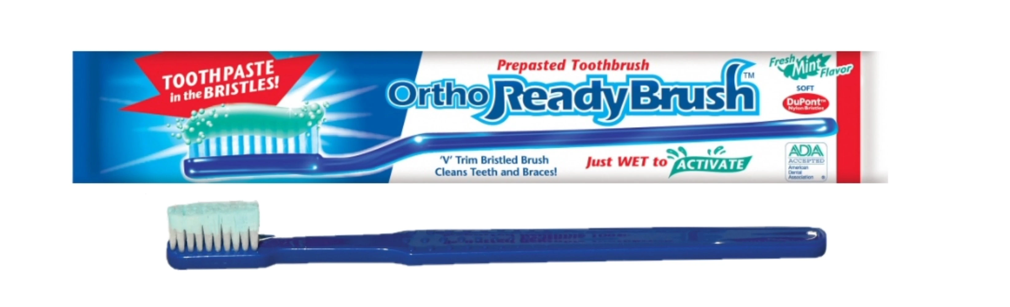 ReadyBrush® Ortho Prepasted Toothbrush, Soft, V-Trim, Mint, Assorted Neon Colors, 144/Box, ORB-100