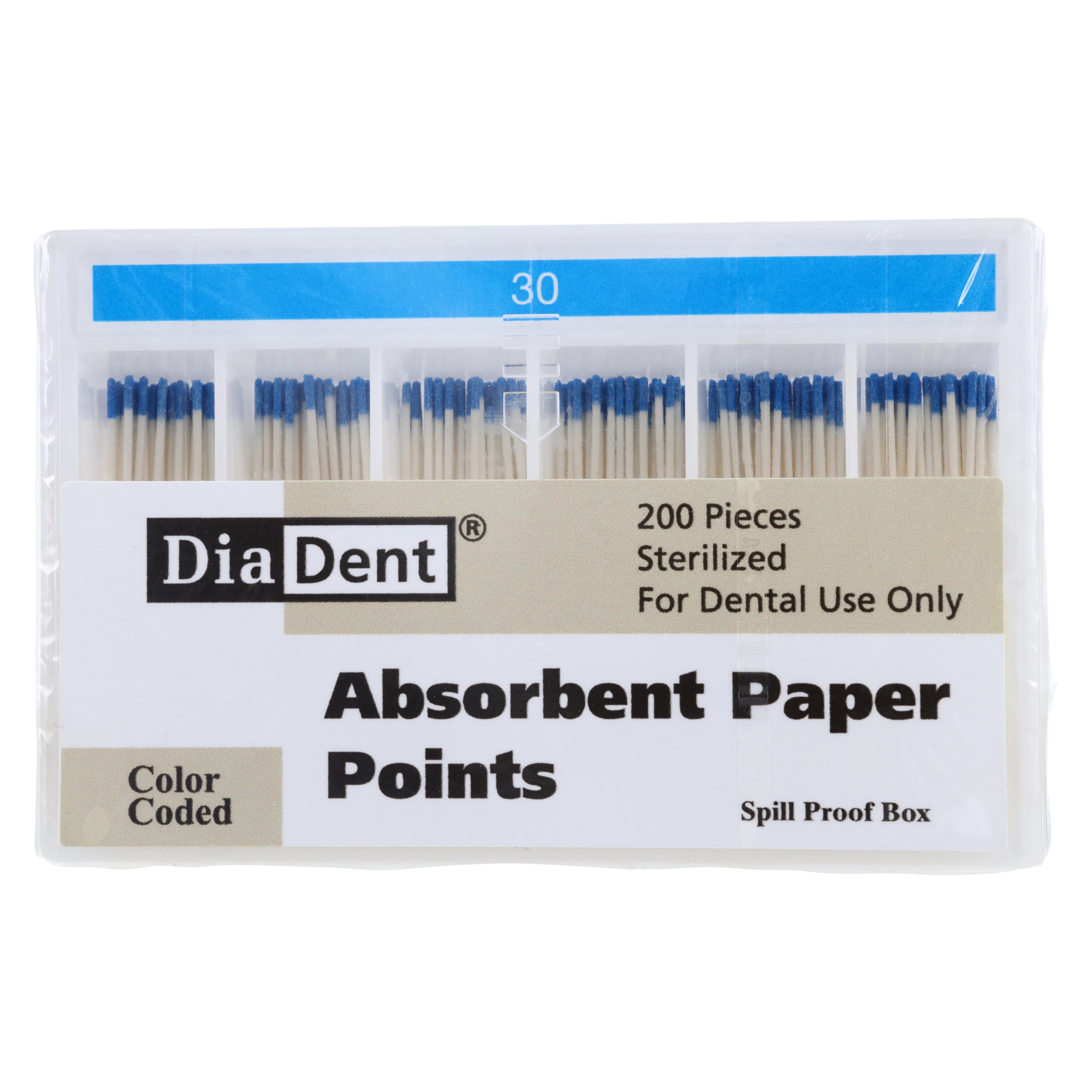 DiaDent Absorbent Paper Points #30, Blue, .02 Taper, Non-Marked, Spill-Proof Box of 200