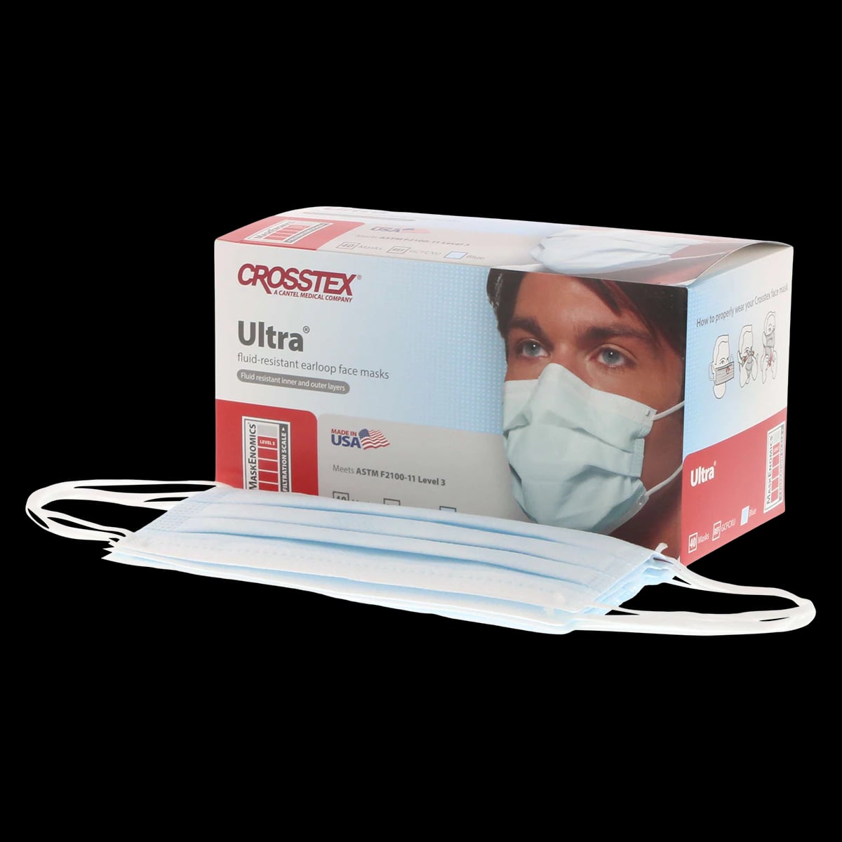 Crosstex Ultra Earloop Face Masks, ASTM Level 3, Blue, Latex-Free, 40/Box, GCFCXU