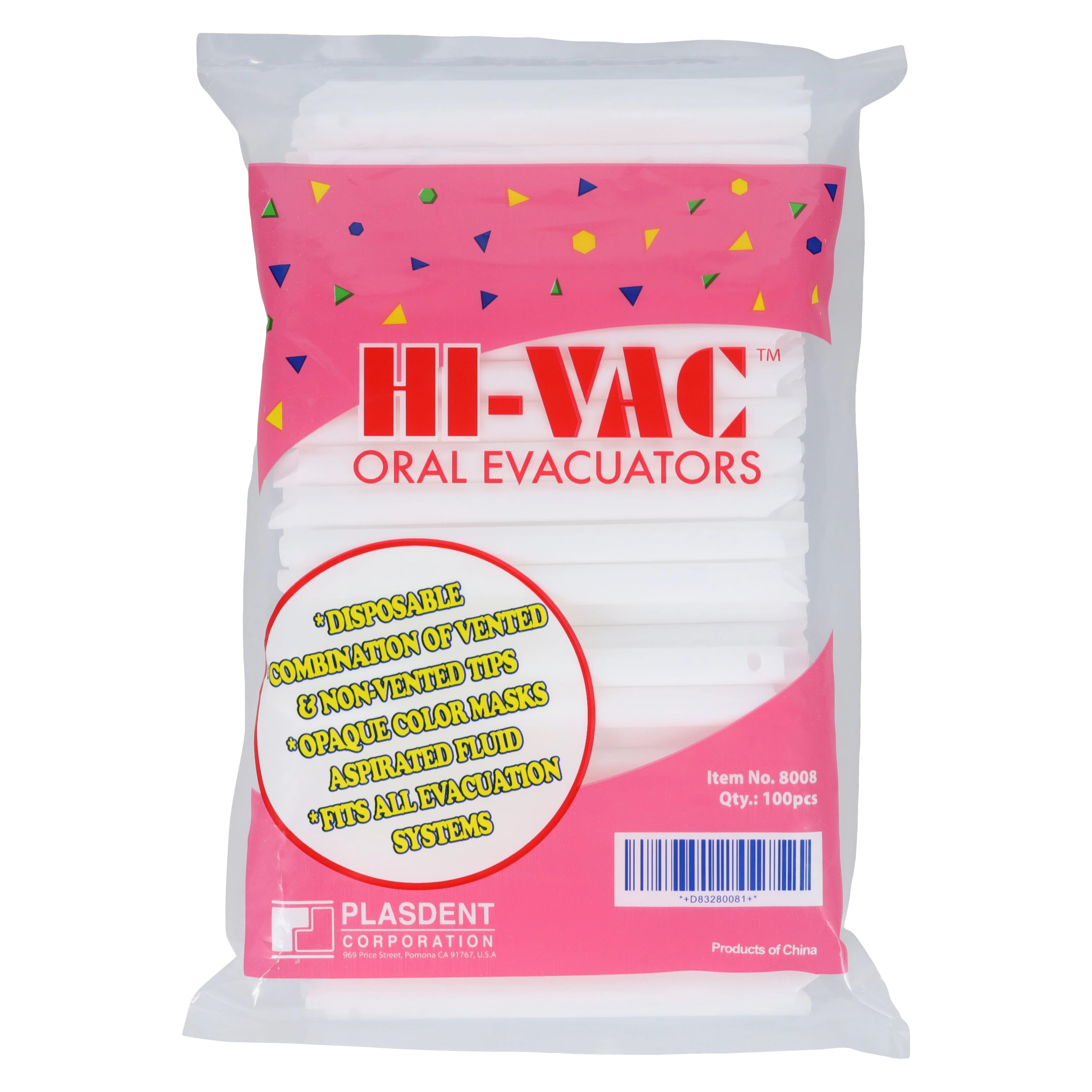 Plasdent Hi-Vac 2-in-1 High-Volume Evacuator Tips, Vented and Non-Vented, White, 100/Pk, 8008