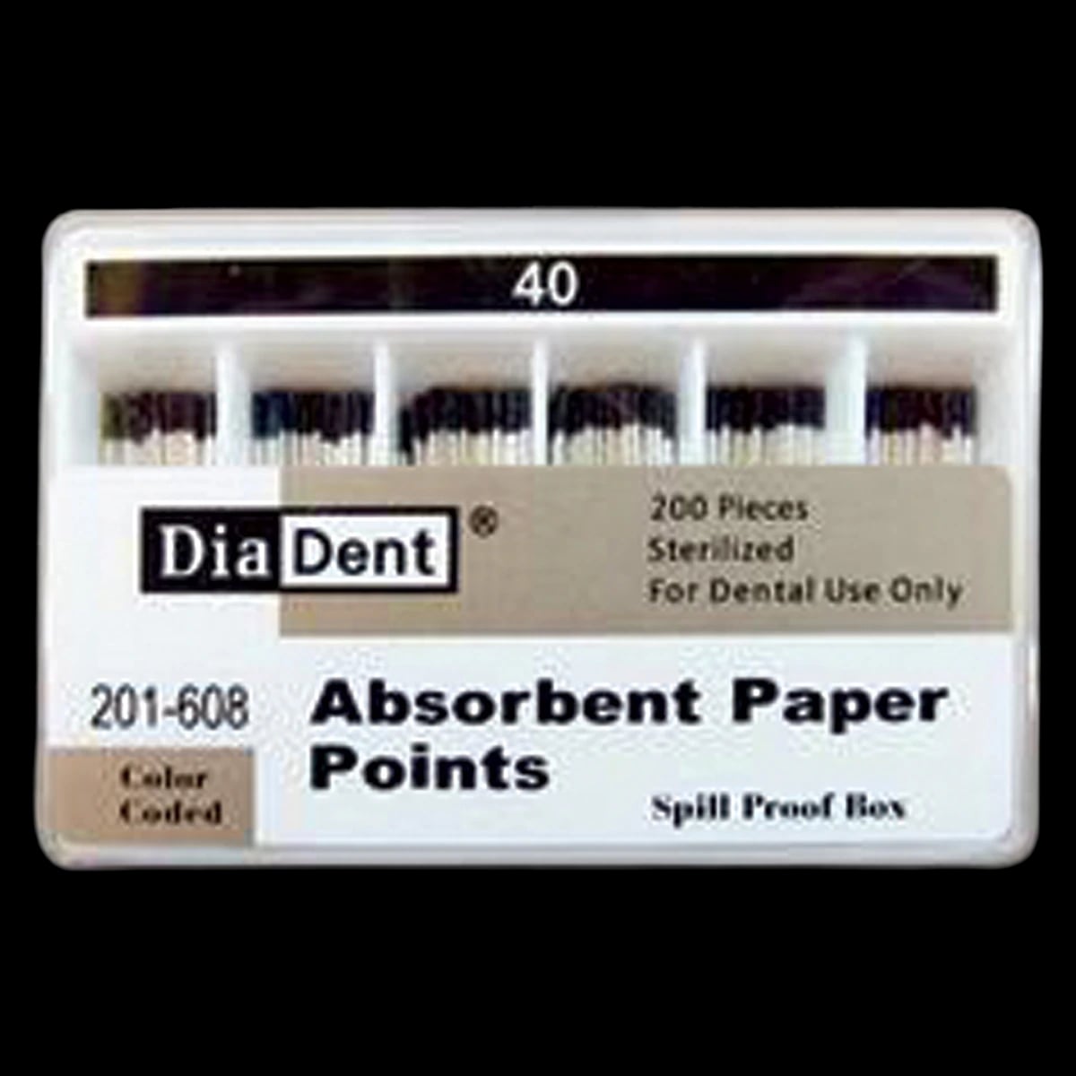 DiaDent Absorbent Paper Points, #40, Black, .02 Taper, Non-Marked, Spill-Proof Box of 200
