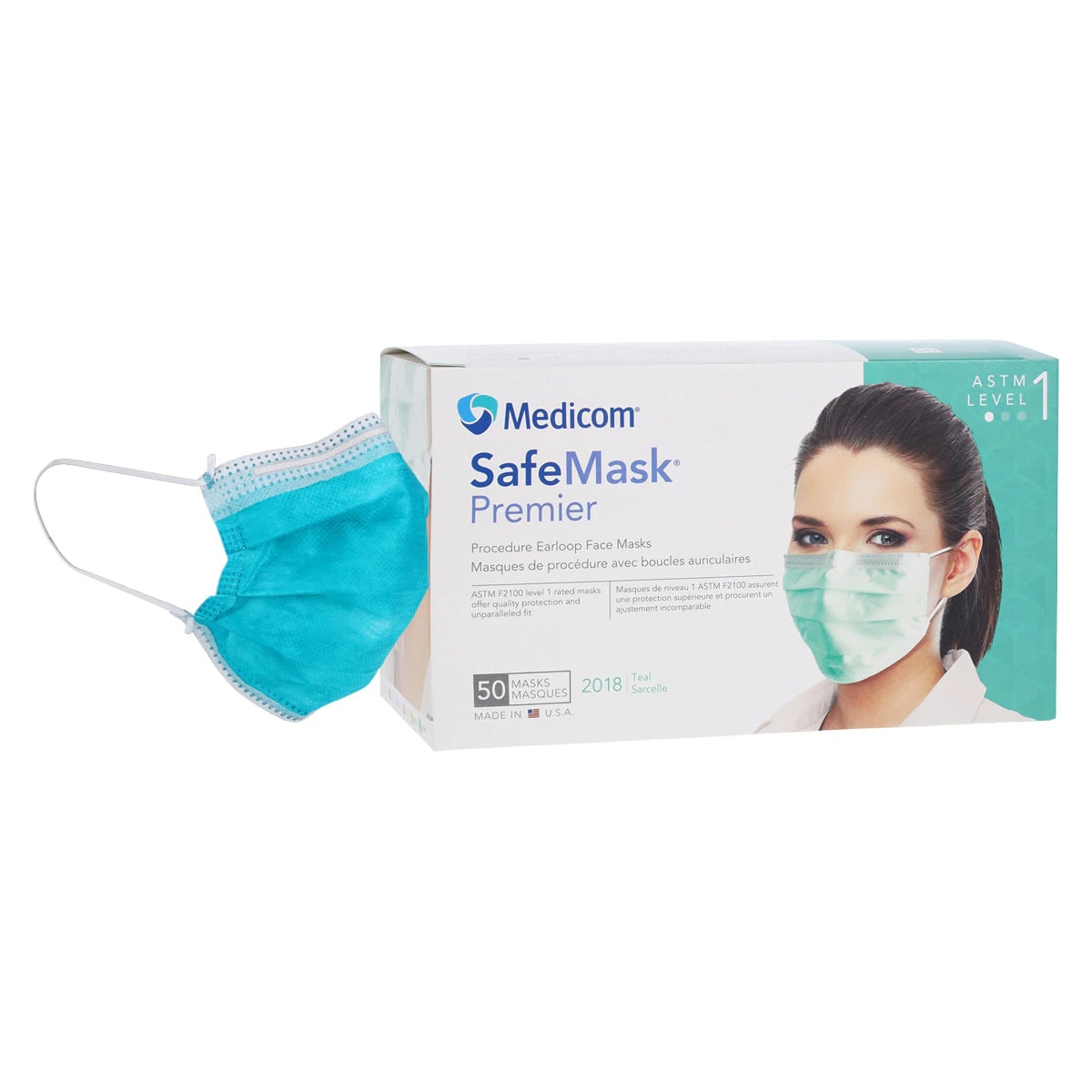 SafeMask Premier ASTM Level 1 Procedure Face Mask, Earloop, Teal, 50/Box