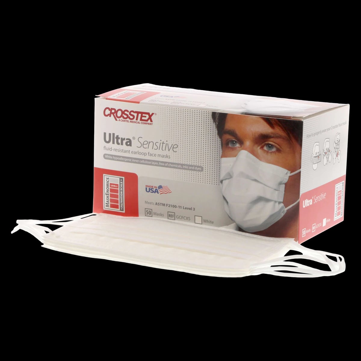 Crosstex Ultra Sensitive Earloop Face Mask, ASTM Level 3, White, 50/Box, GCFCXS