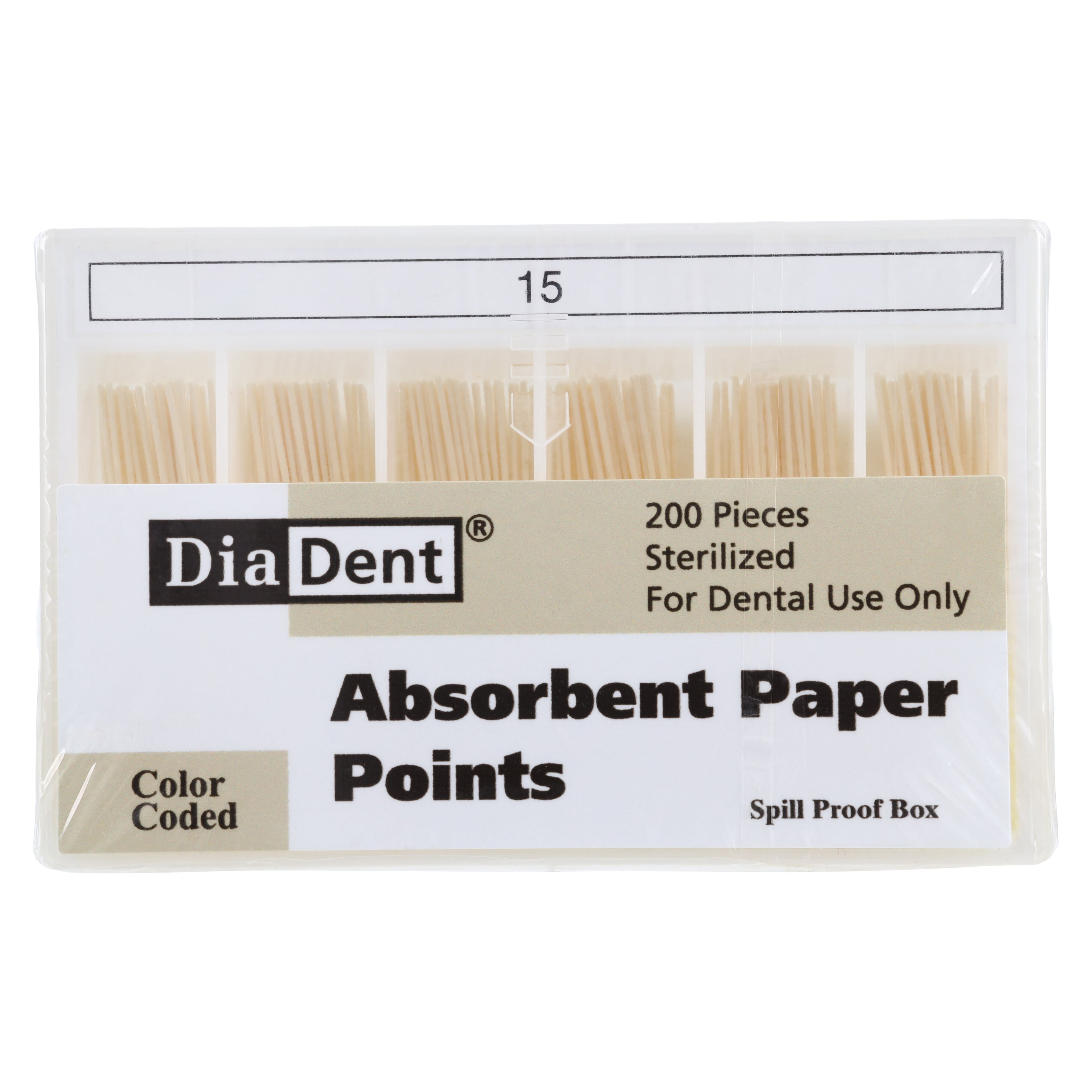 DiaDent Absorbent Paper Points, Non-Marked, .02 Taper, ISO Size 15, White, Spill-Proof Slide Package, 200/Box