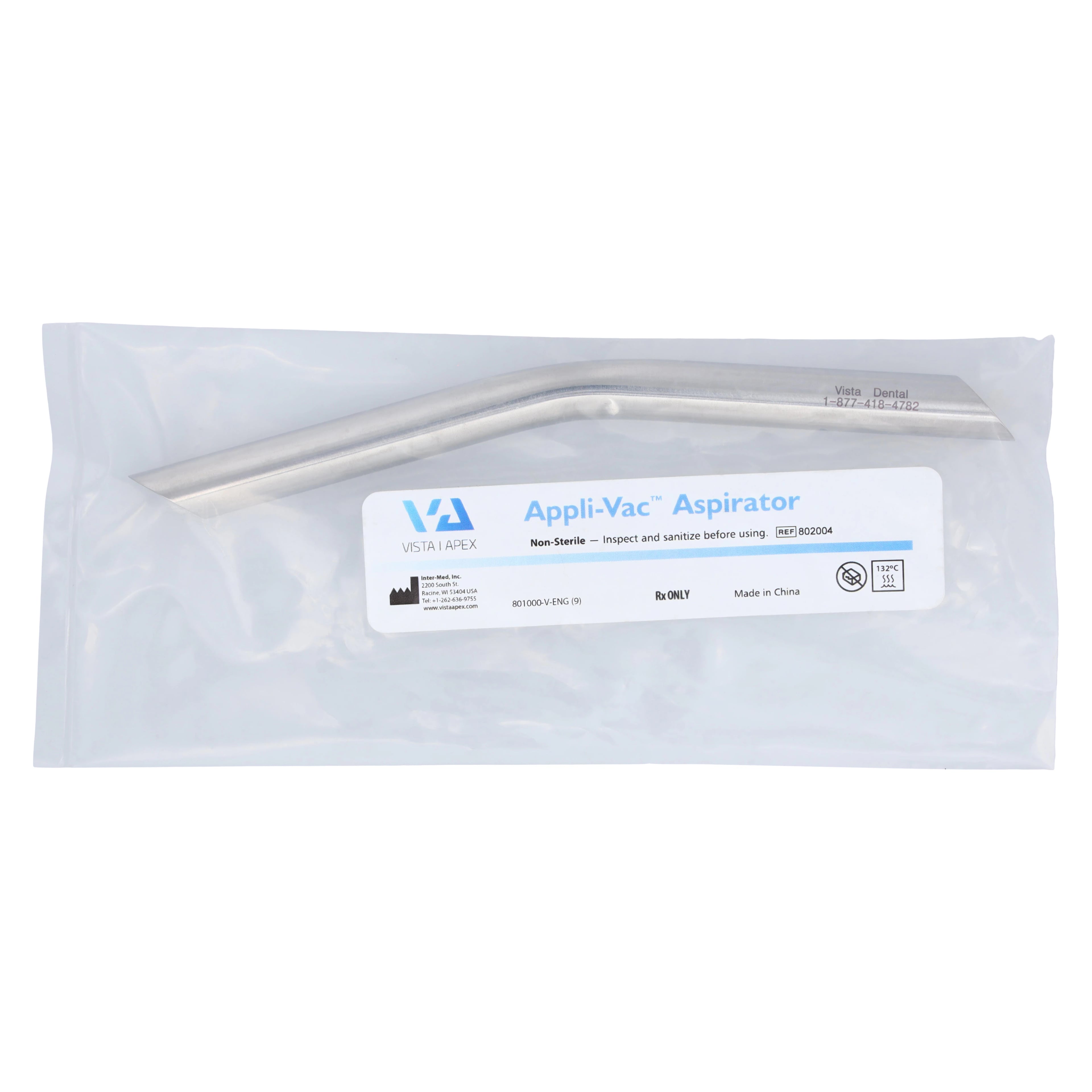 Vista Apex High Volume Evacuator (HVE) Aspirator Tip, 10 x 13.5mm Opening, 6" Length, Bent, 76R Style, Stainless Steel, Single Tip