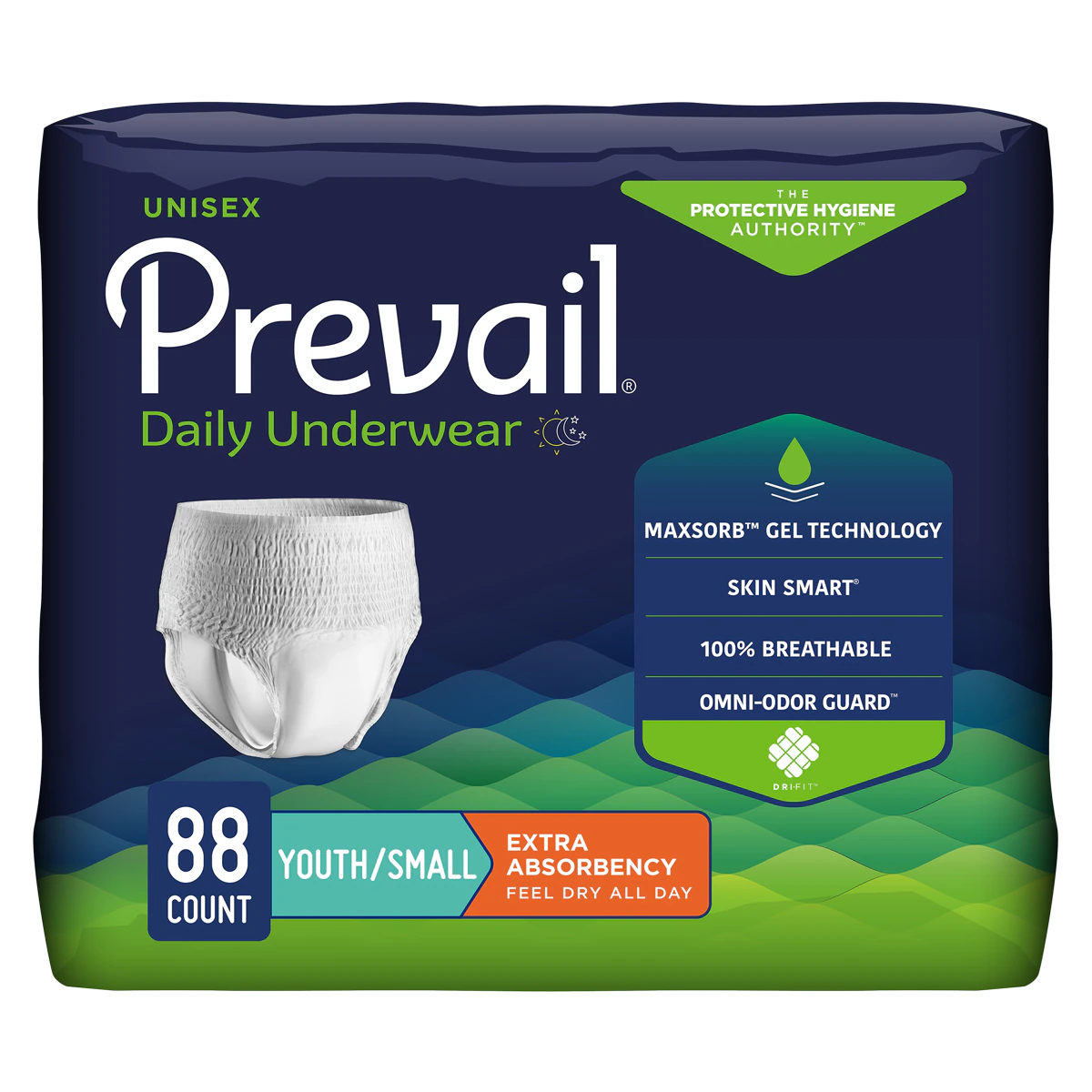 Prevail Incontinence Underwear, Unisex Adult/Youth, Small, 20-34" Waist, Moderate Absorbency, White, Disposable, 4x22/Case