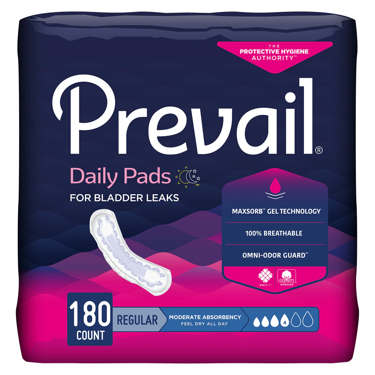 Prevail Bladder Control Pads for Women, Moderate Absorbency, 9.25" Length, One Size Fits Most, White, Odor Guard, 180/Case (20x9)