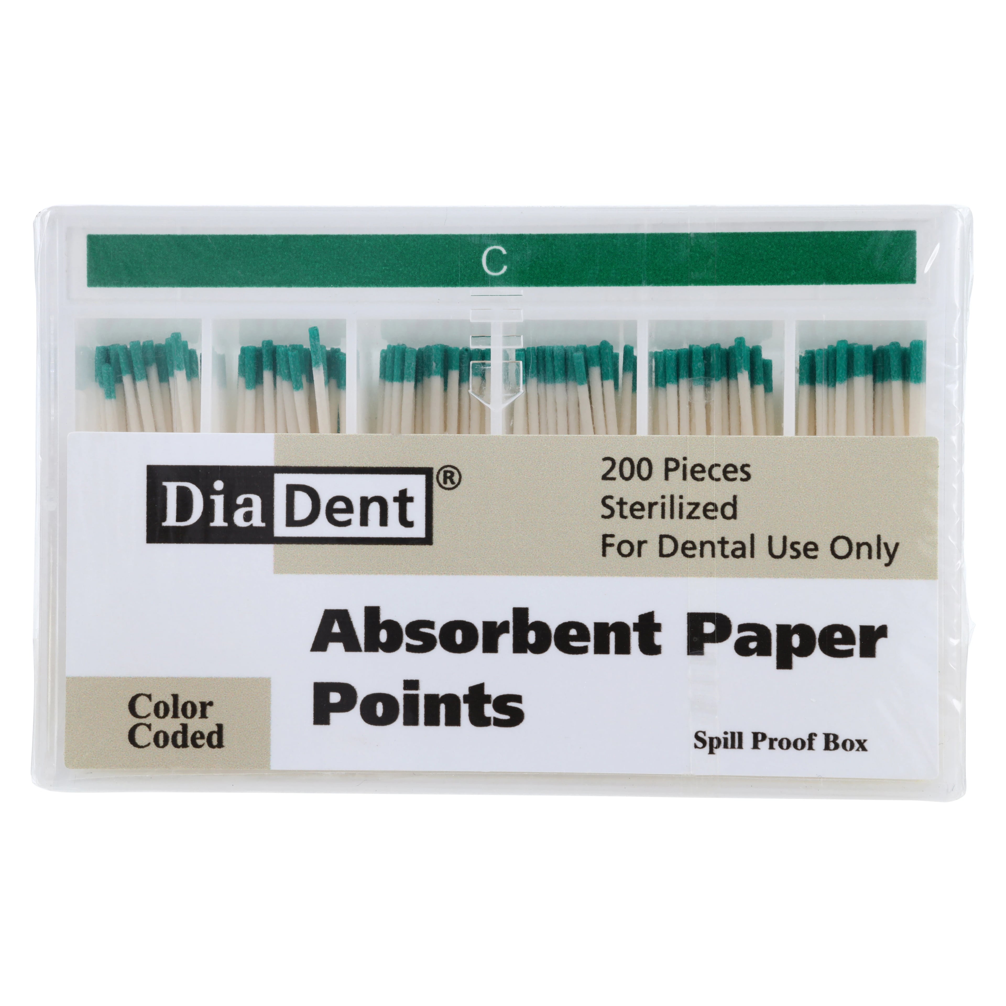 DiaDent Absorbent Paper Points, Coarse, Green, .02 Taper, Non-Marked, Spill-Proof Box of 200