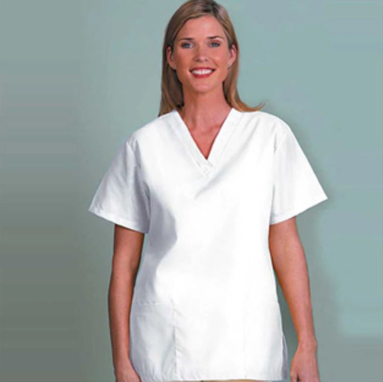 Fashion Seal Fashion Poplin Scrub Shirt, V-Neck, 2 Pockets, Short Sleeves, Women's, White, X-Small