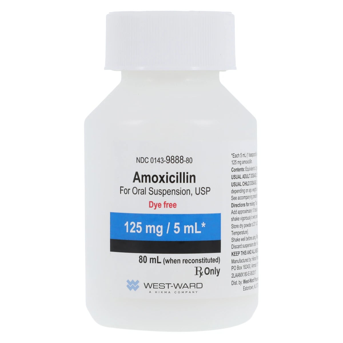 Amoxicillin Oral Suspension 125mg/5mL, Dye Free, Tutti-Frutti Flavor, 80mL Bottle
