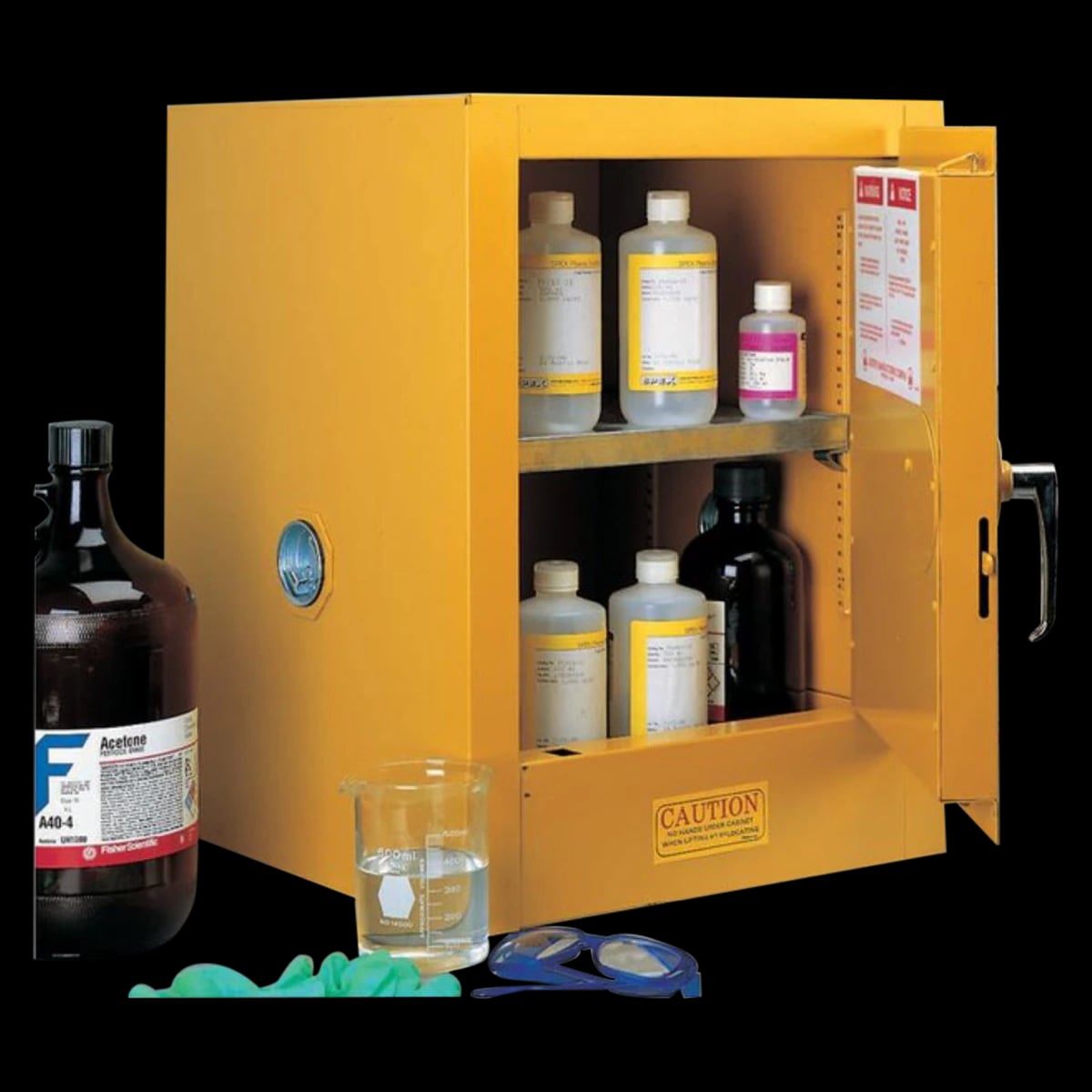 Justrite Benchtop Flammable Storage Cabinet, Manual Door, 1 Shelf, Steel, Yellow/Red, Each