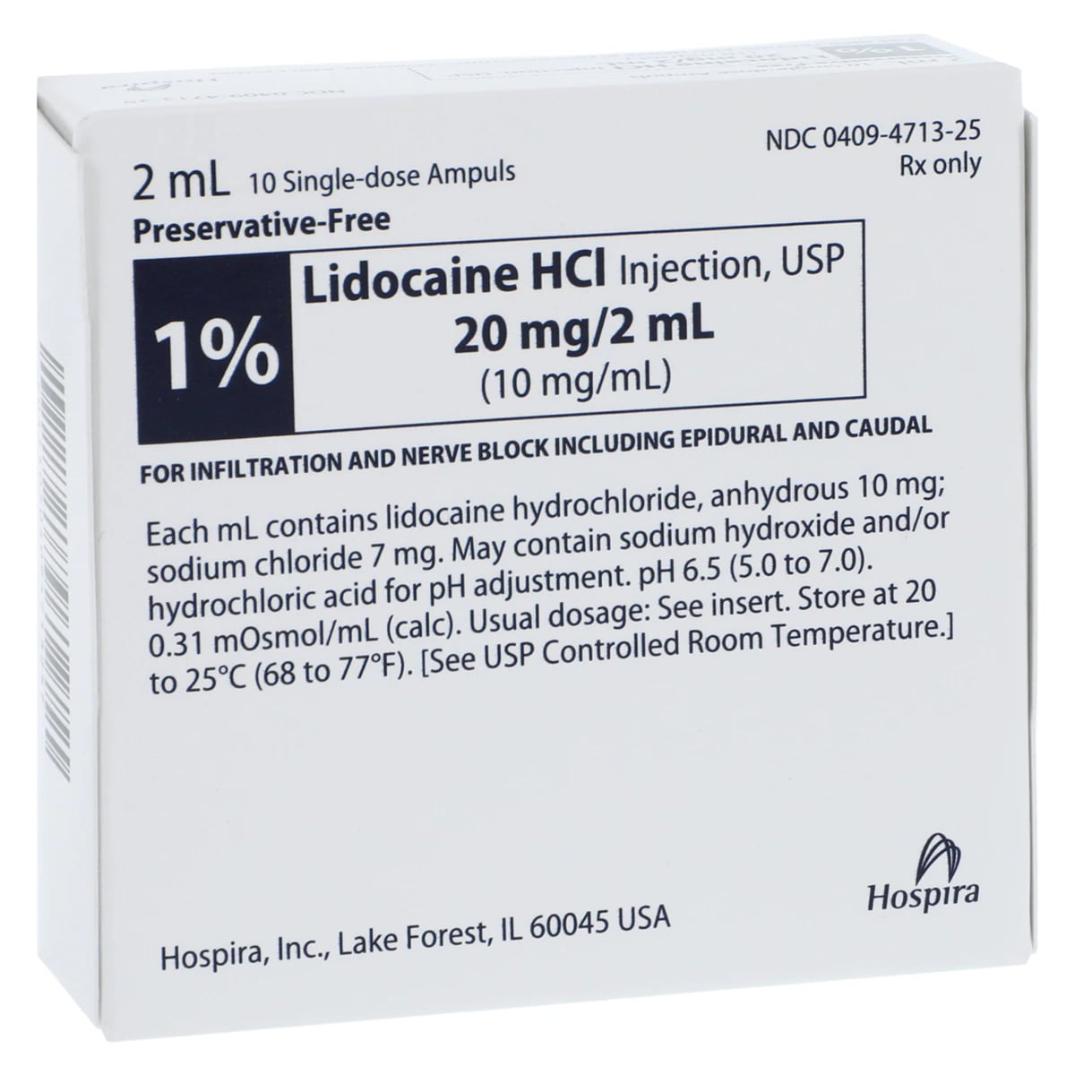 Lidocaine HCl Injection 1% Preservative-Free Ampules, 2 mL, 50/Package