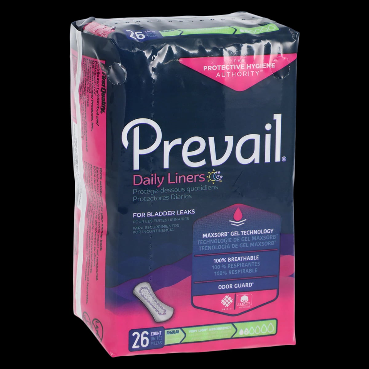 Prevail Pantiliners, Light Absorbency, White, Disposable, 7-1/2" Length, 26 Count per Pack, 12 Packs per Case