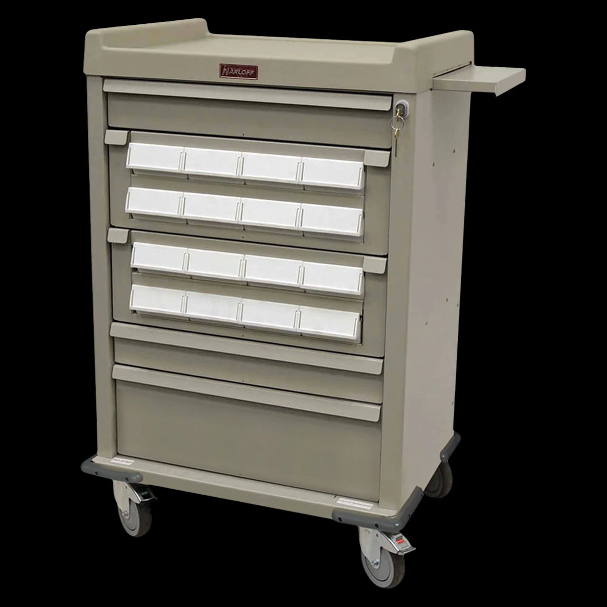 Harloff Medication Cassette Cart, 23.875" x 30.5" x 45.75", 5" Casters, 16 Drawers, Key Lock
