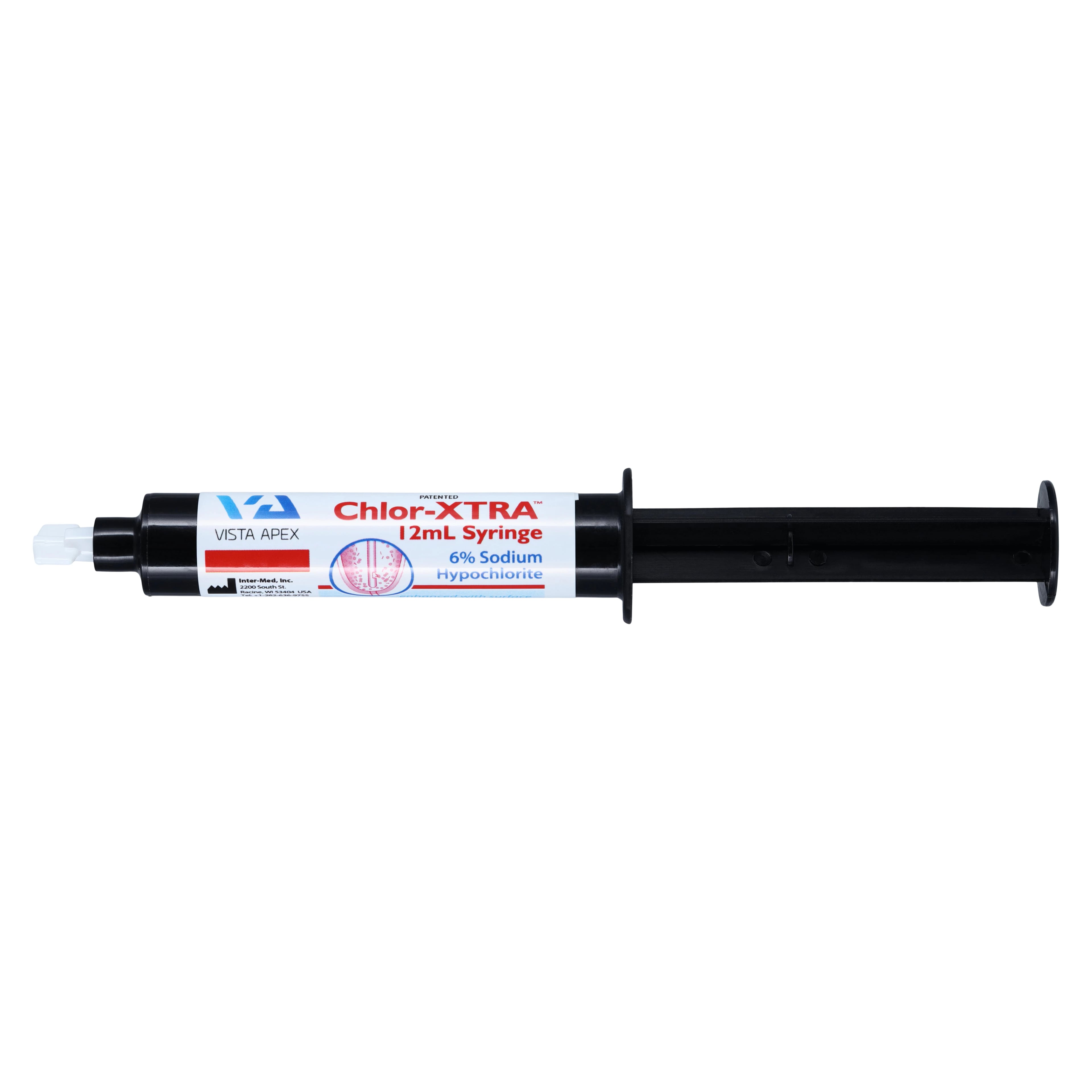 Chlor-XTRA 6% Sodium Hypochlorite Root Canal Irrigant, 12 cc Prefilled Syringes, 10/Box with 27 Ga Side-Vent Tips