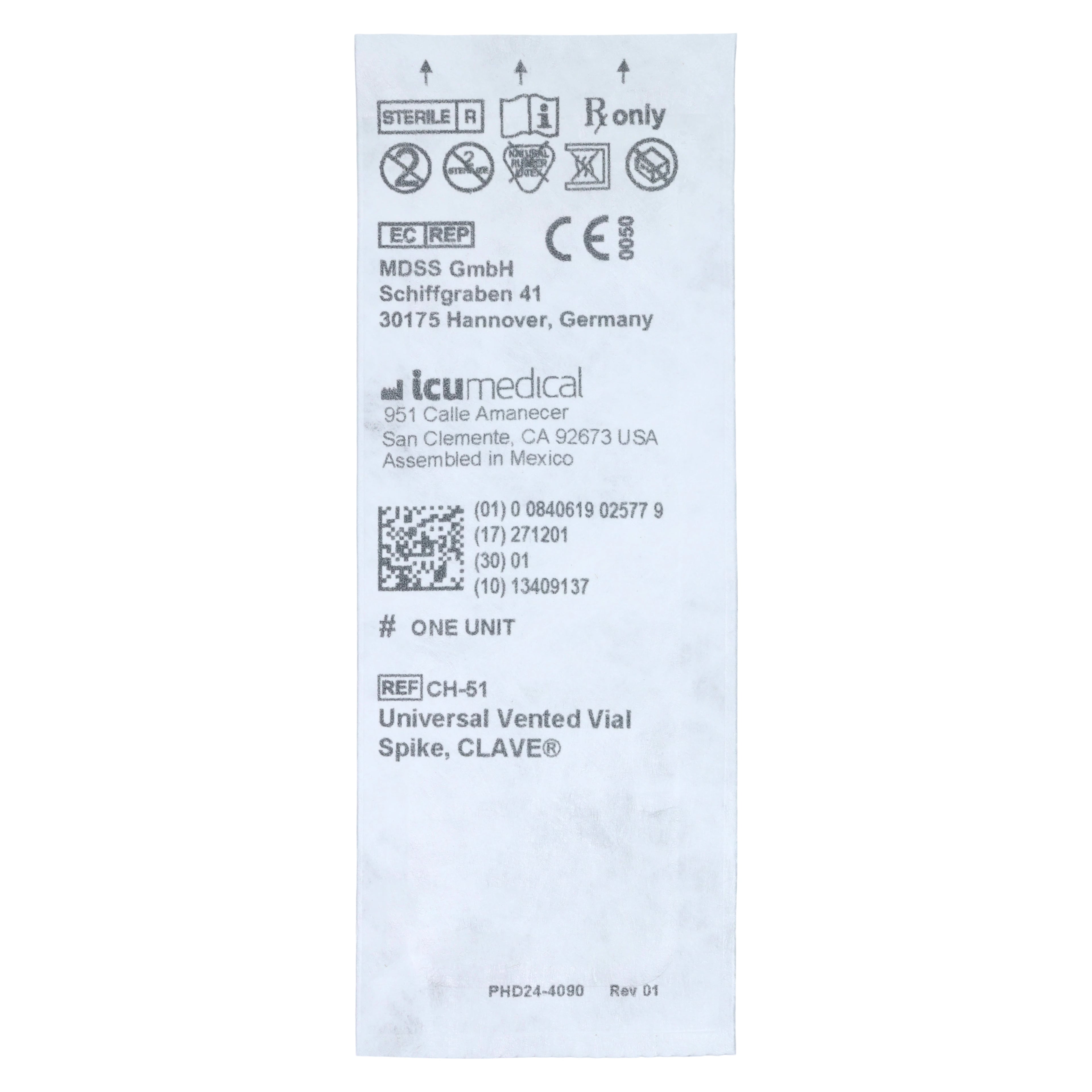 ICU Medical Vial Adapter with Clave, 0.22 Micron Filter, Vented Spike, Universal Connection, Disposable, Dual Vents, 50/Case