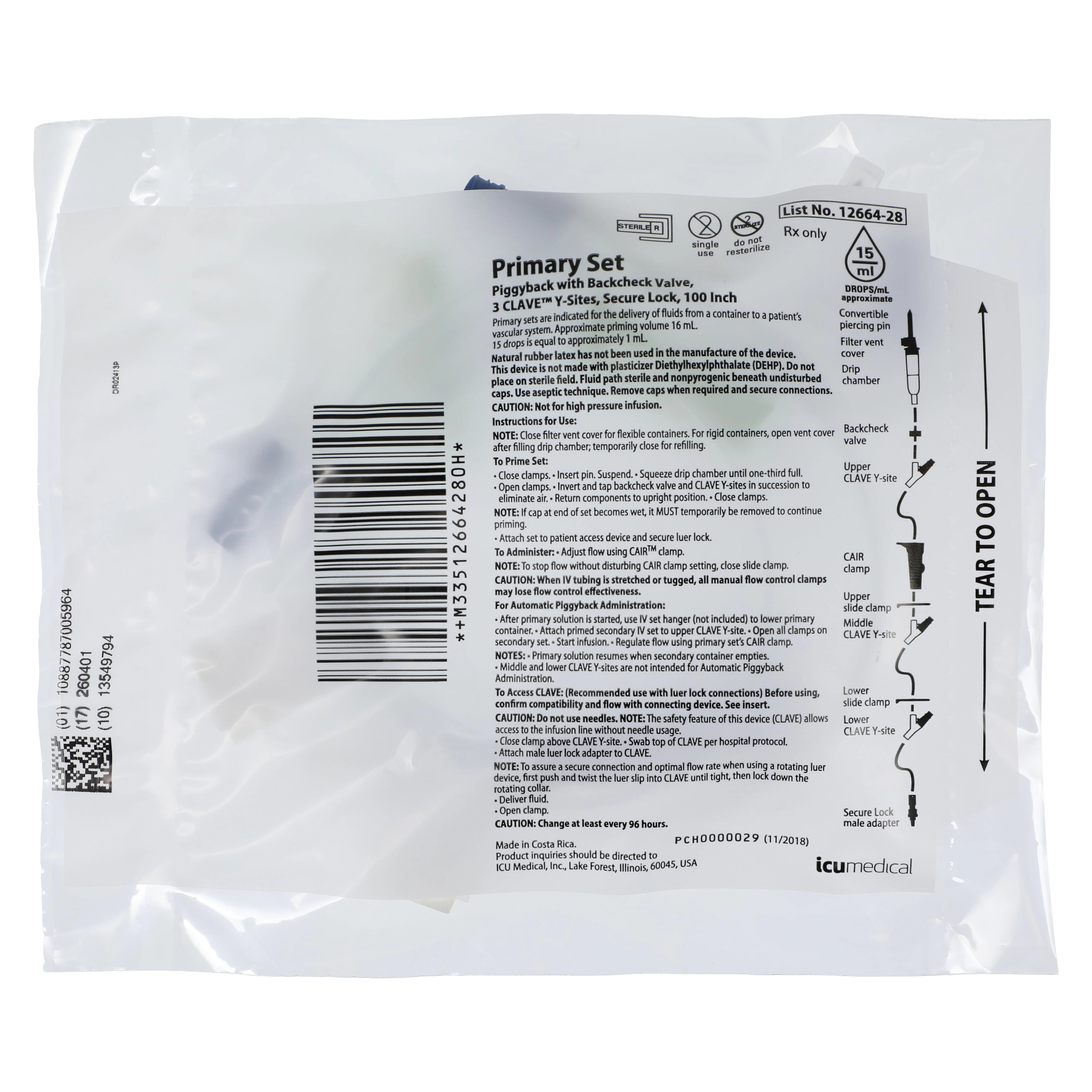 Lifeshield Primary IV Set, 3 Y-Injection Sites, 15 Drops/mL, 100", 16mL Priming Volume, 48/Case