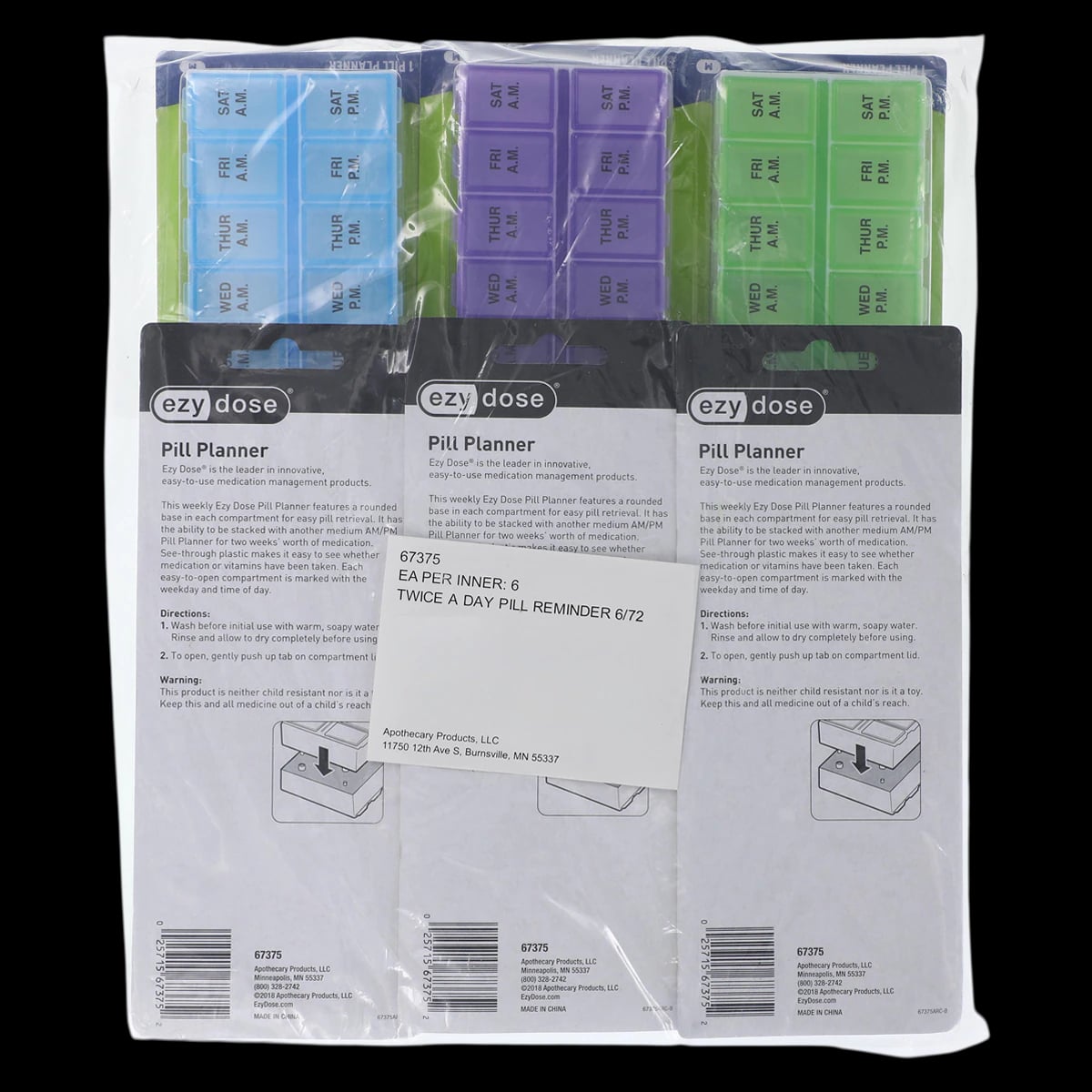 Apothecary Products AM/PM Pill Planner, Weekly 7-Day, Clear Blue, 5", 6/Package