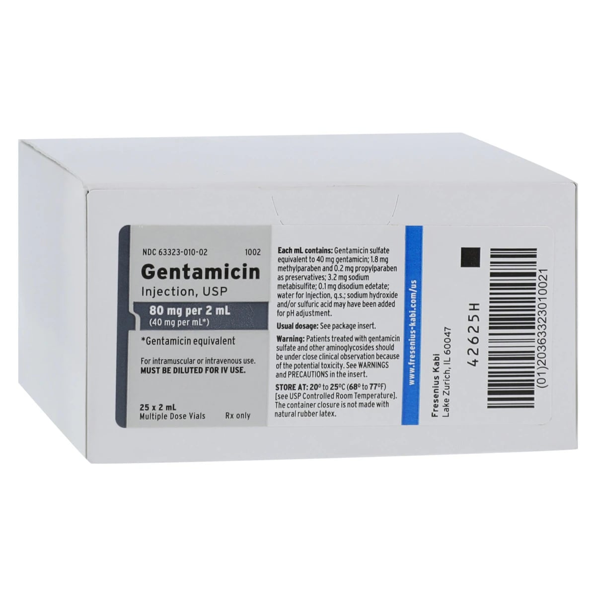 Gentamicin Sulfate Injection 40mg/mL, Adult MDV, 2mL Vial, 25/Package