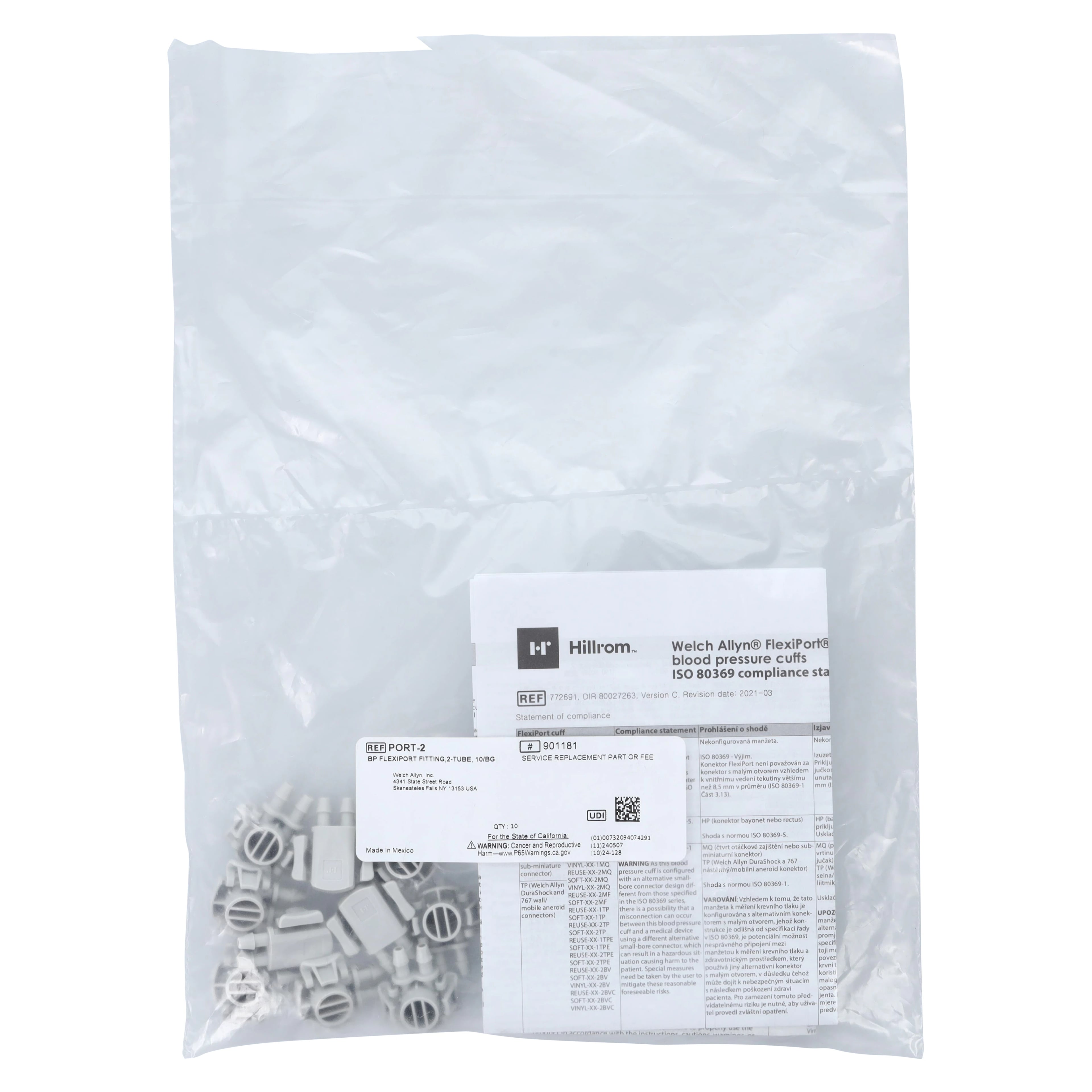 Welch Allyn FlexiPort Blood Pressure Fitting, White, Latex-Free, 10/Package