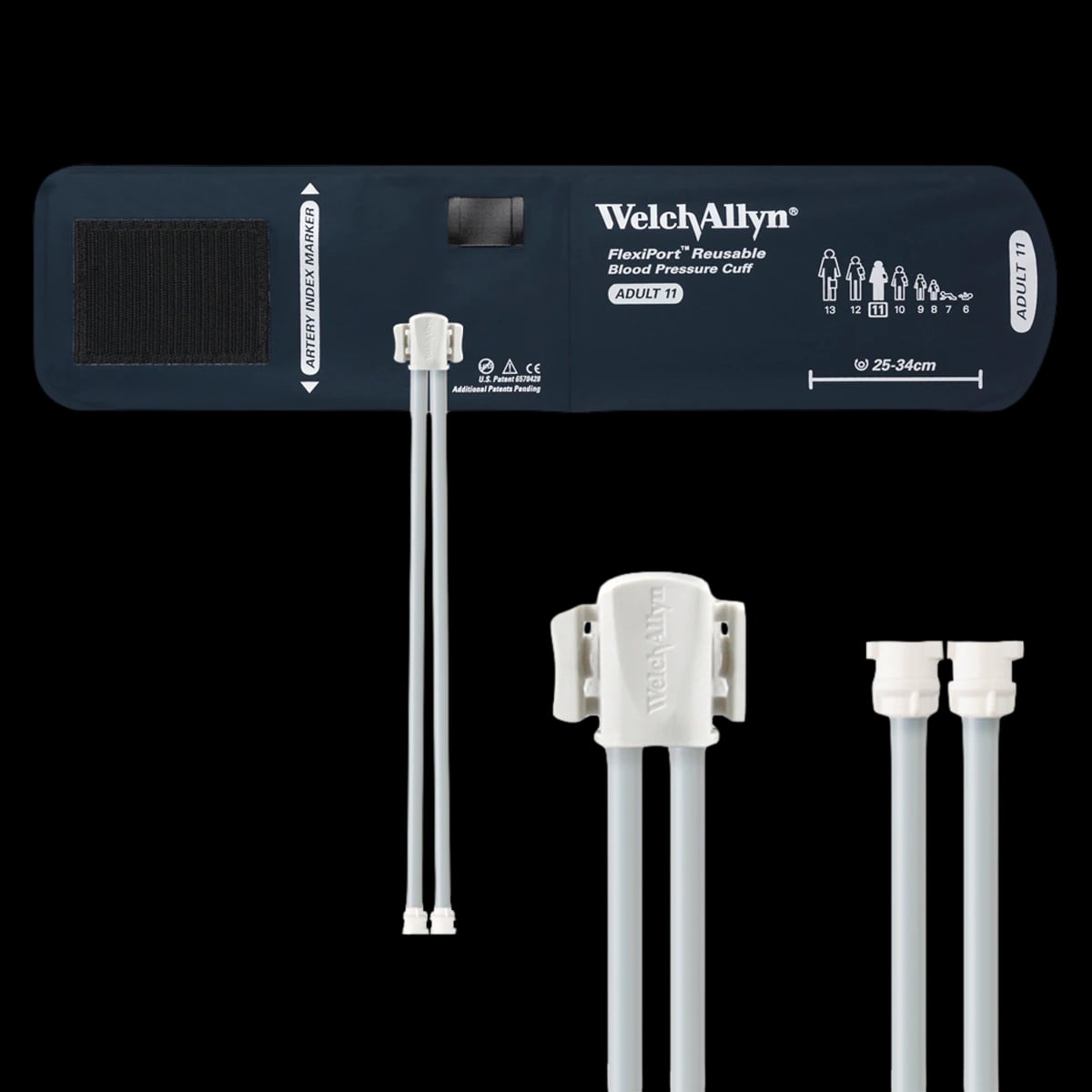 Welch Allyn FlexiPort Reusable Blood Pressure Cuff, Adult 2-Tube, Size 11, Navy Blue, Latex-Free
