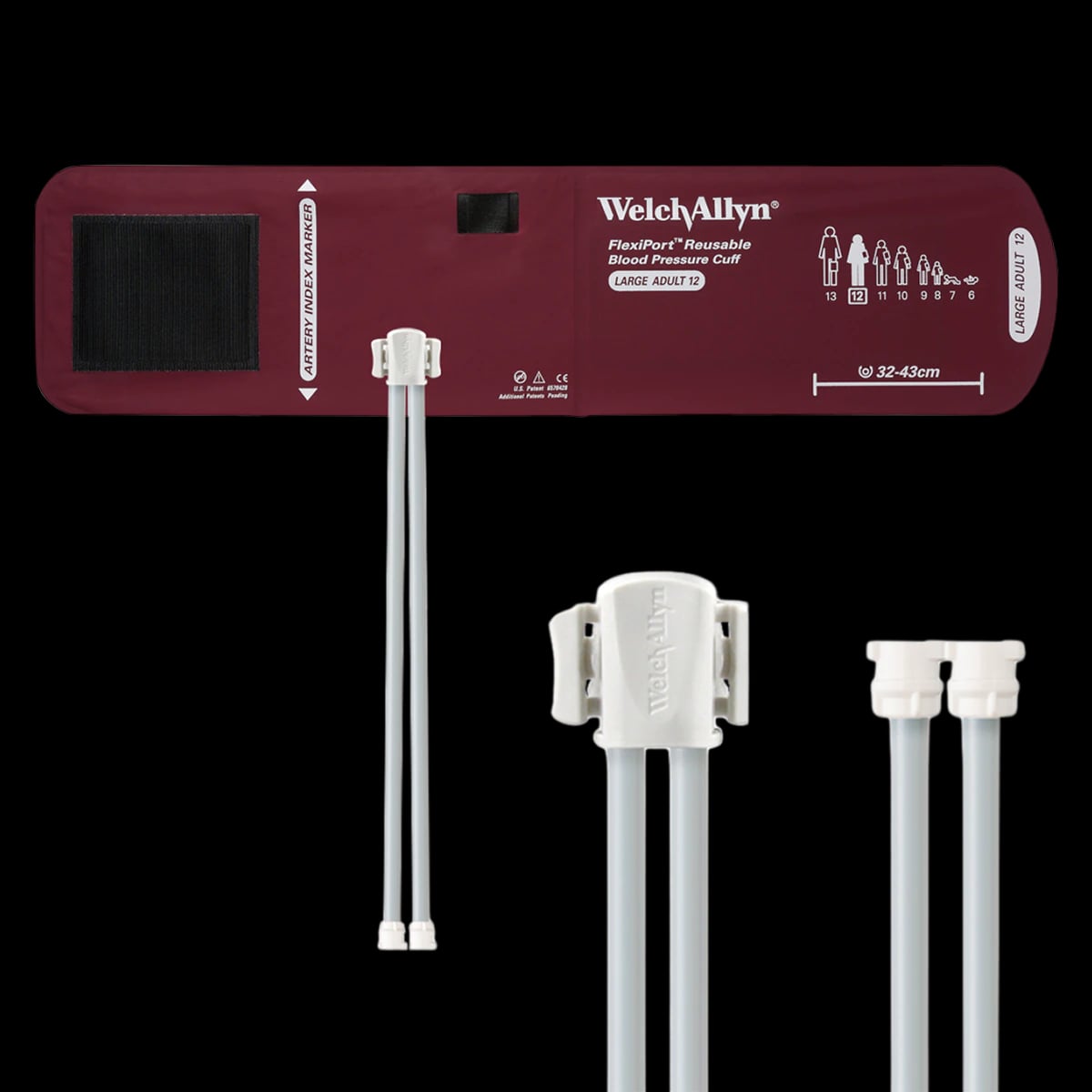 Welch Allyn FlexiPort Blood Pressure Cuff, Adult Large, 2-Tube, Size 12, Burgundy, Latex-Free
