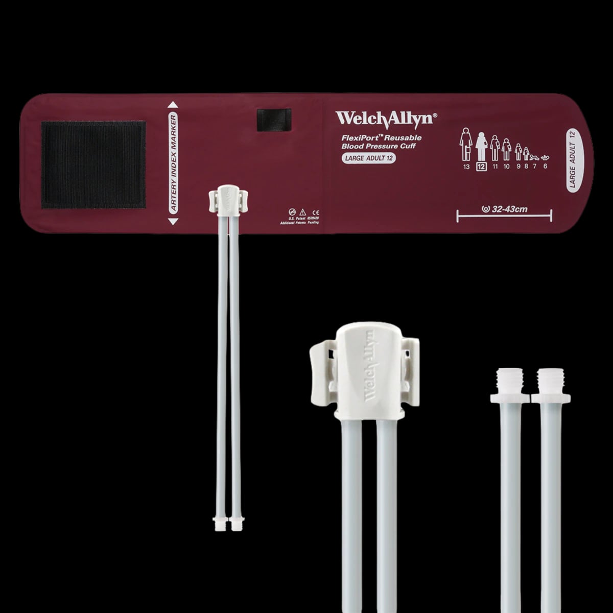 Welch Allyn FlexiPort Blood Pressure Cuff, Size 12 Large Adult, Reusable, 2-Tube, Screw Connector, Burgundy