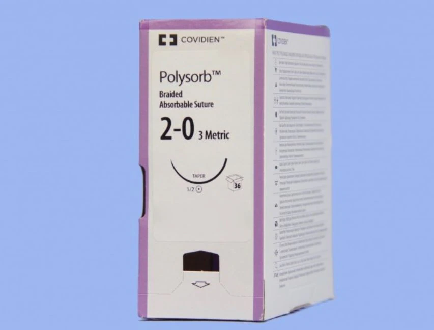 Medtronic Polysorb Suture, 2-0, 30" Polyester Braid, Absorbable, Coated, Undyed, V-20 Taper Point 1/2 Circle Needle 26mm, 36/Case