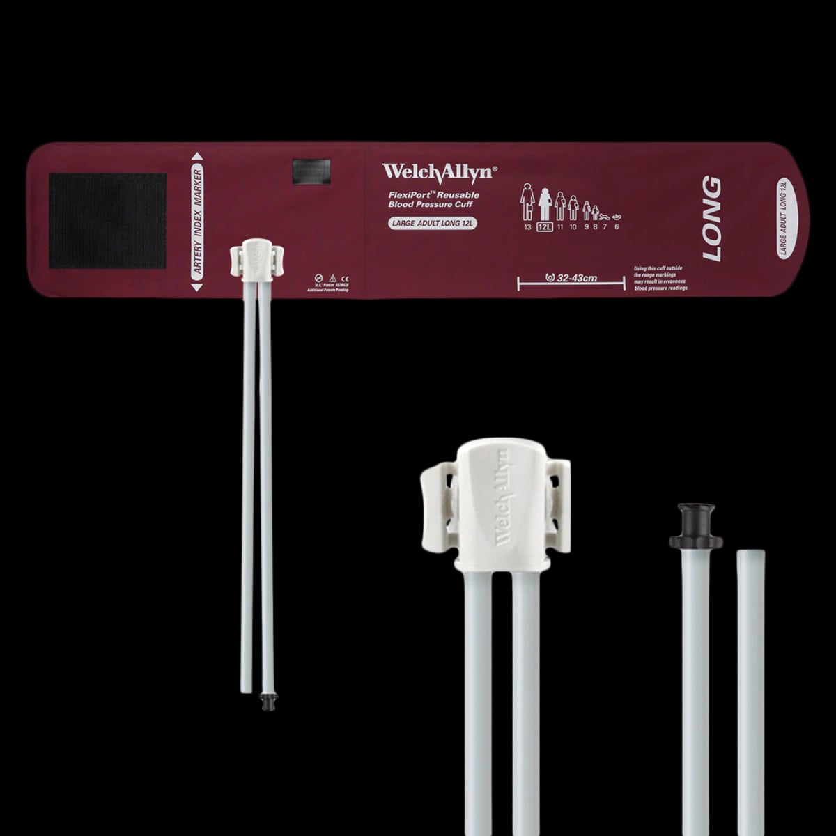 Welch FlexiPort Blood Pressure Cuff, 2-Tube, Adult Large Long, Size 12L, Burgundy, Latex-Free, Each