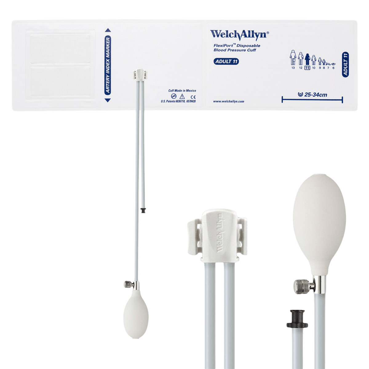 Welch FlexiPort Blood Pressure Cuff Soft 2-Tube BV, Size 11, White/Navy Blue, Latex-Free, 20/Pk