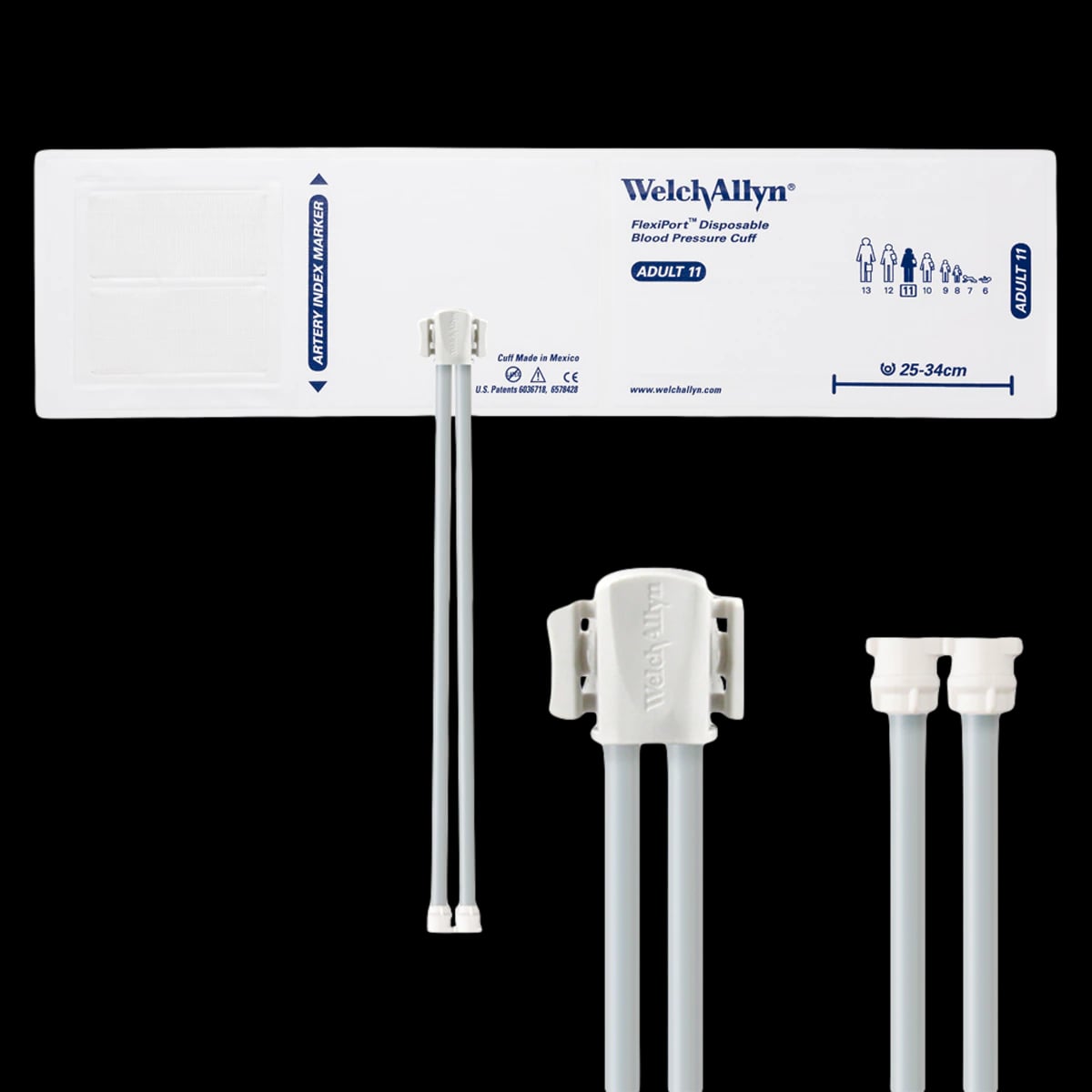 Welch Allyn FlexiPort Blood Pressure Cuff, Size 11, 2-Tube, White/Navy Blue, Latex-Free, 20/Package