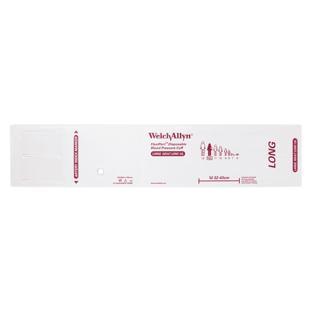 Welch Allyn FlexiPort Blood Pressure Cuff, Size 12L, White/Burgundy, Latex-Free, 20/Package