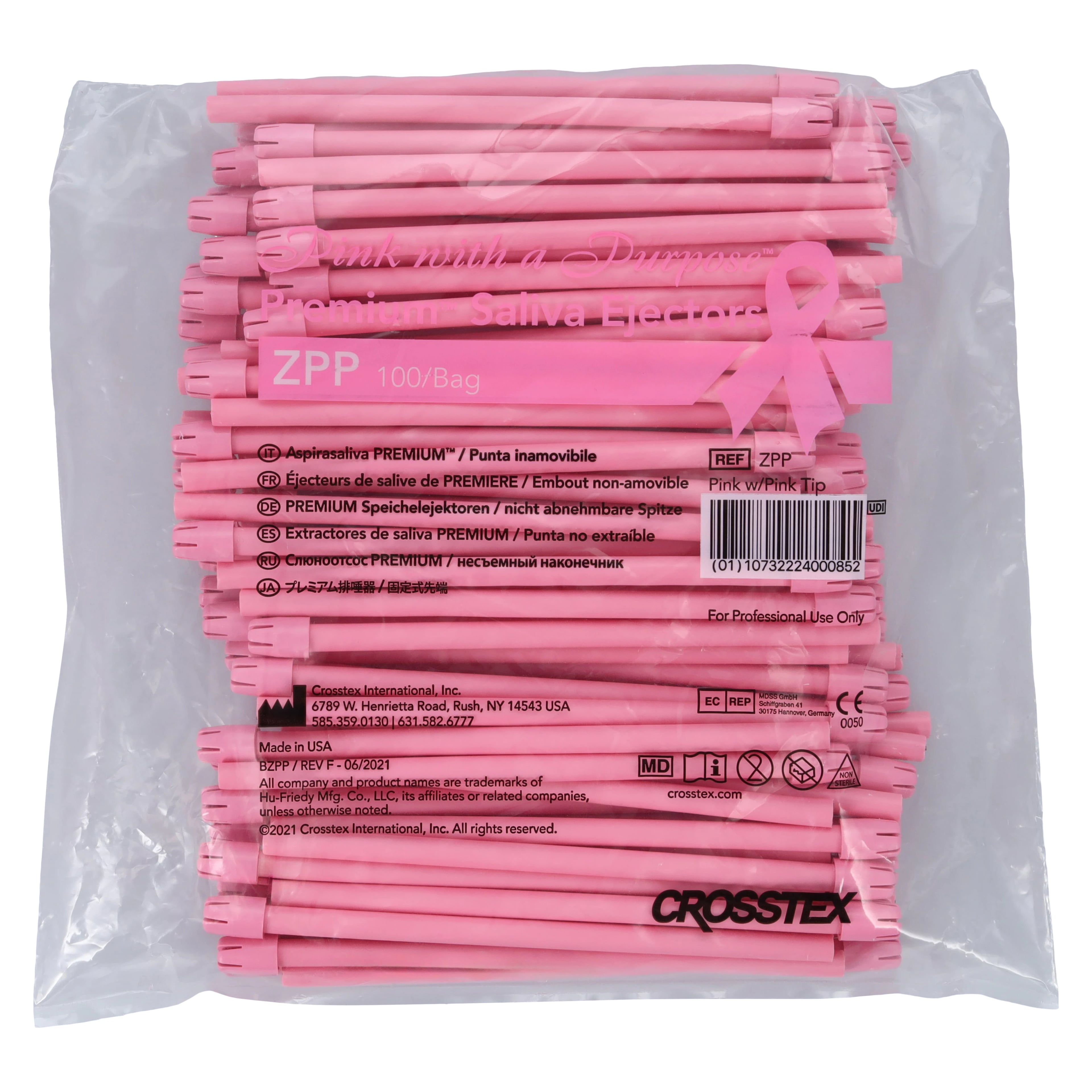 Crosstex Advantage Premium Saliva Ejectors, Pink/Pink, Wire-Reinforced, Non-Removable Tip, Latex-Free, 100/Bag, ZPP