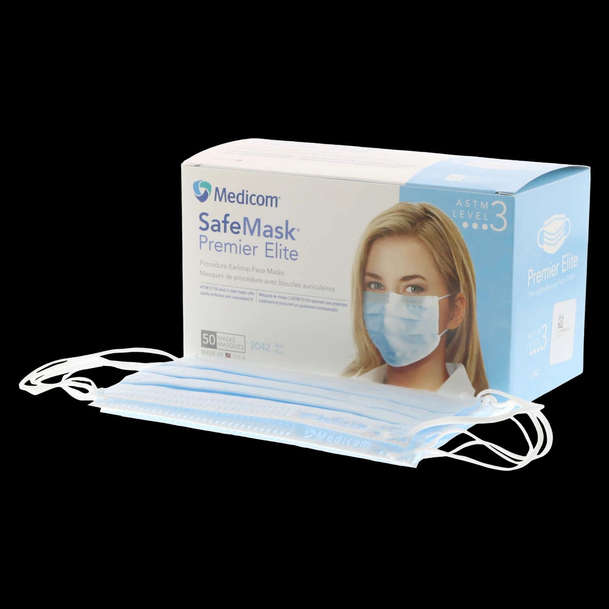SafeMask Premier Elite Procedure Face Mask, ASTM Level 3, Earloop, Blue, 50/Box, 2042