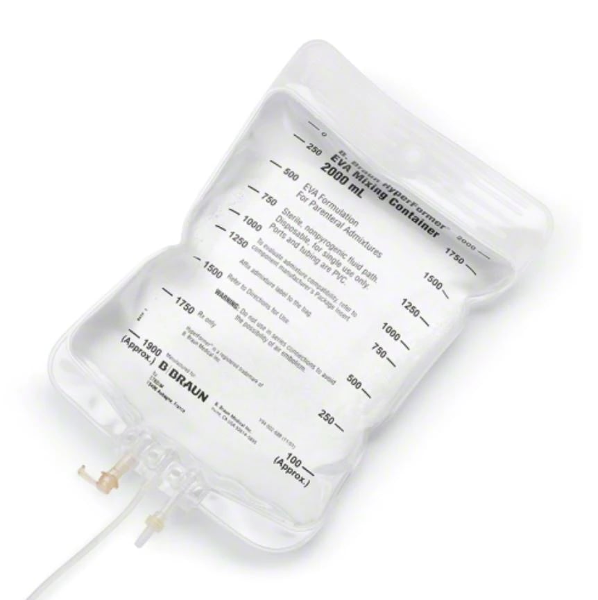 B. Braun EVA Gravity Mixing Container, 2000mL, Sterile, Disposable, Large Bore, 40/Case