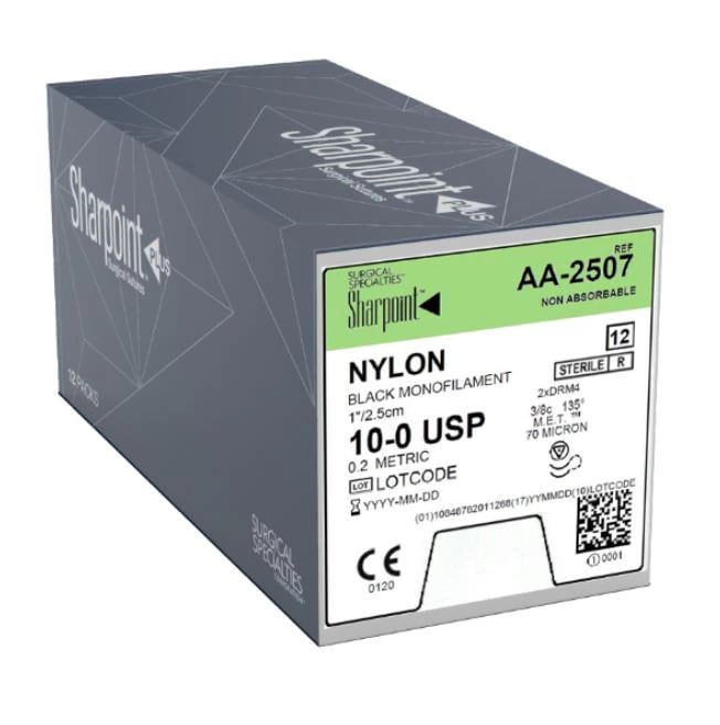 Sharpoint Nylon Monofilament Non-Absorbable Suture, 10-0, Black, 1" (2.5 cm), DRM4 M.E.T. Point 3/8 Circle Needle, 4mm, 12/Box, AA-2507