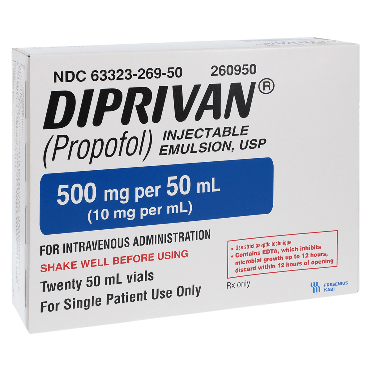 Diprivan Injection 10mg/mL, Single Dose Vials, 50mL, 20/Package