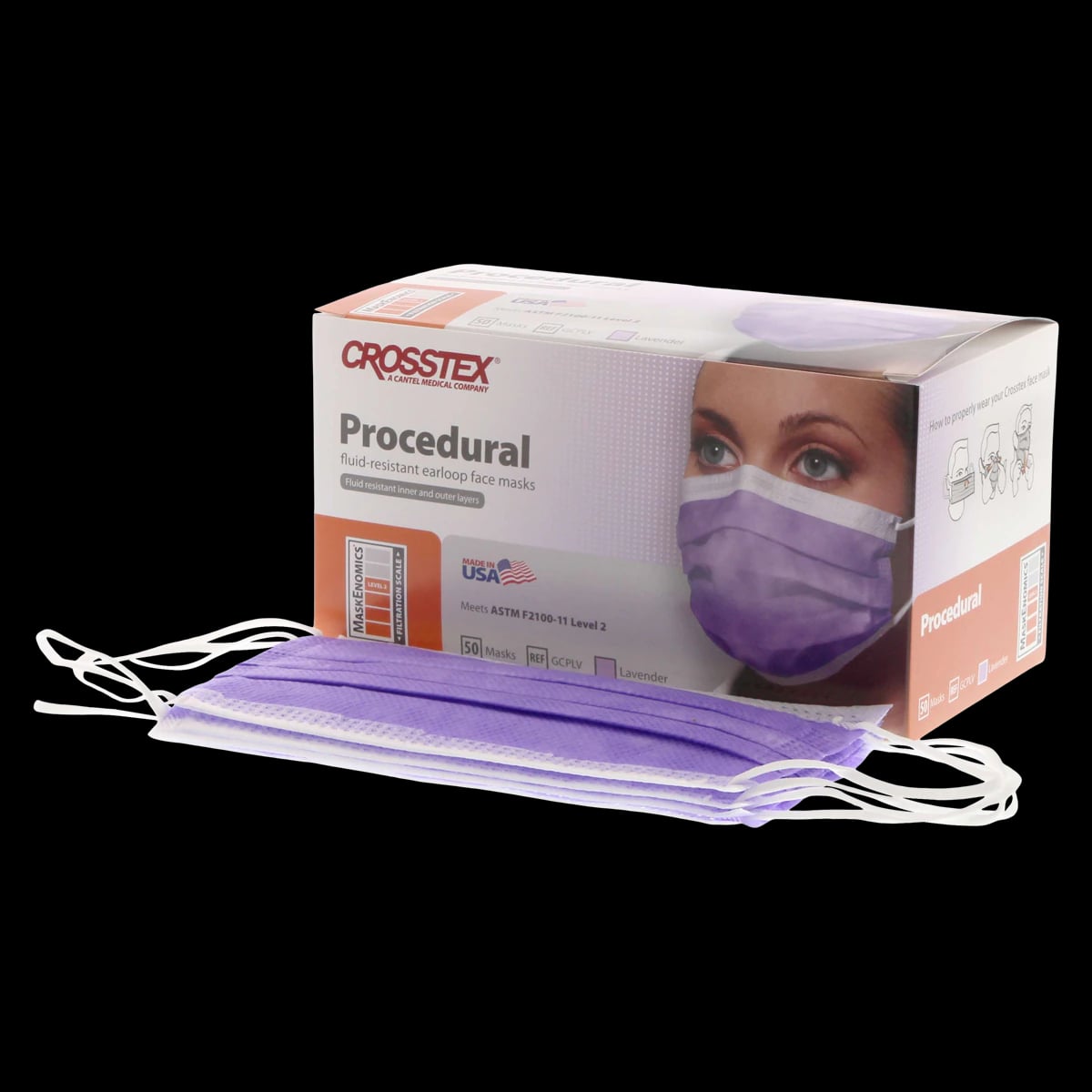 Crosstex Procedural Earloop Face Mask, ASTM Level 2, Lavender, 50/Box, GCPLV