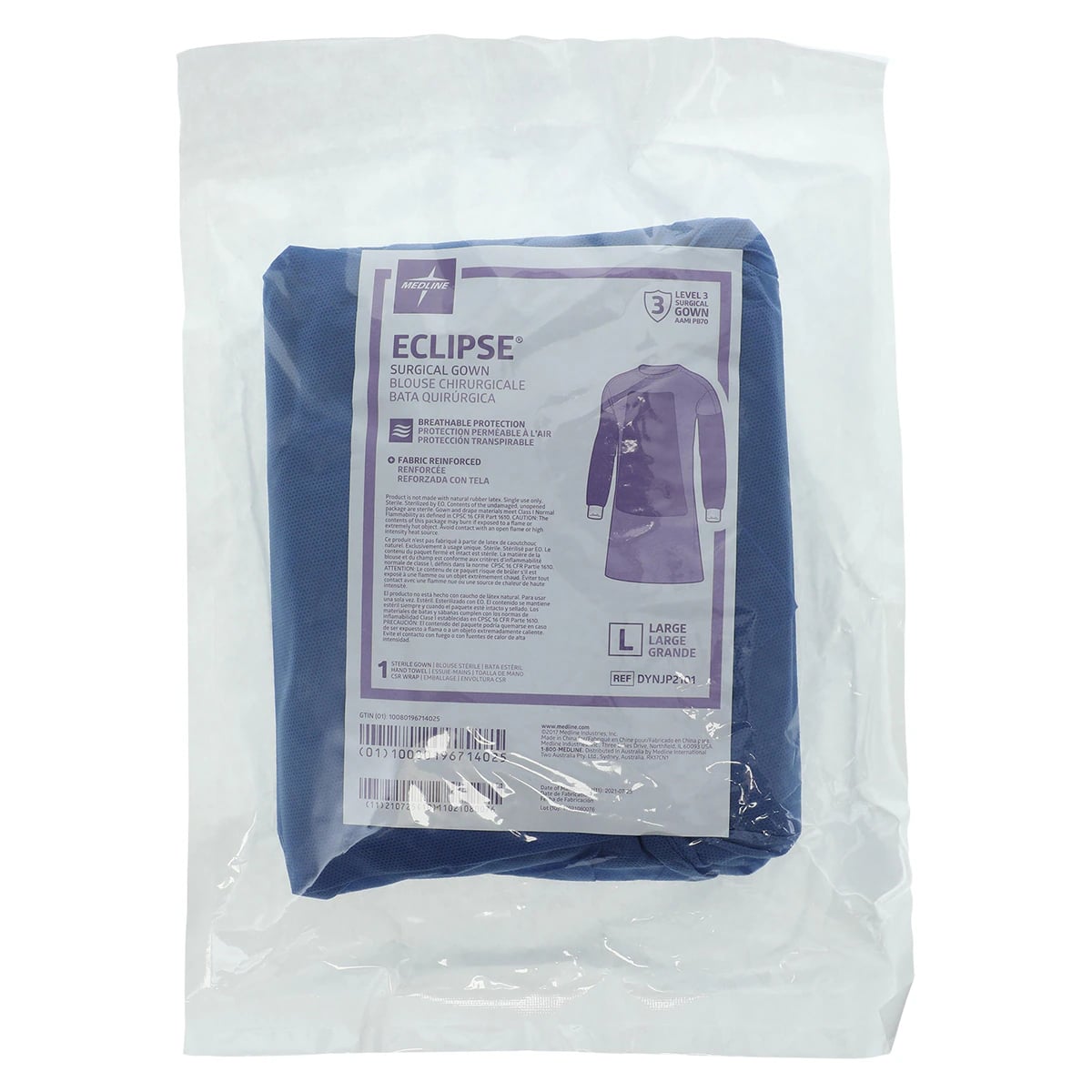 Medline Eclipse Disposable Surgical Gown, Large, Blue, Sterile, Hook & Loop Closure, 30/Case