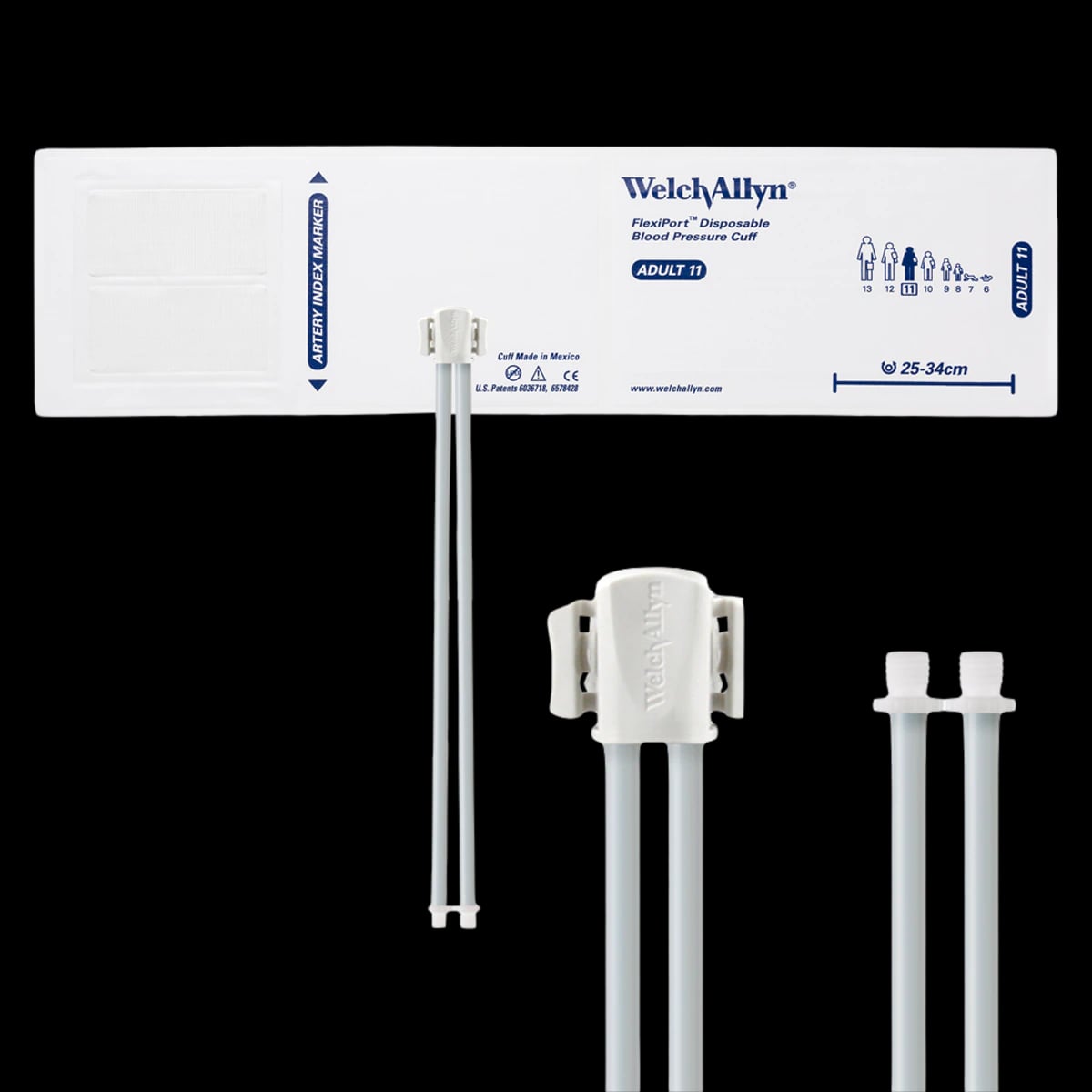 Welch Allyn FlexiPort Blood Pressure Cuff, Size 11, Adult, White/Navy Blue, Latex-Free, 20/Case