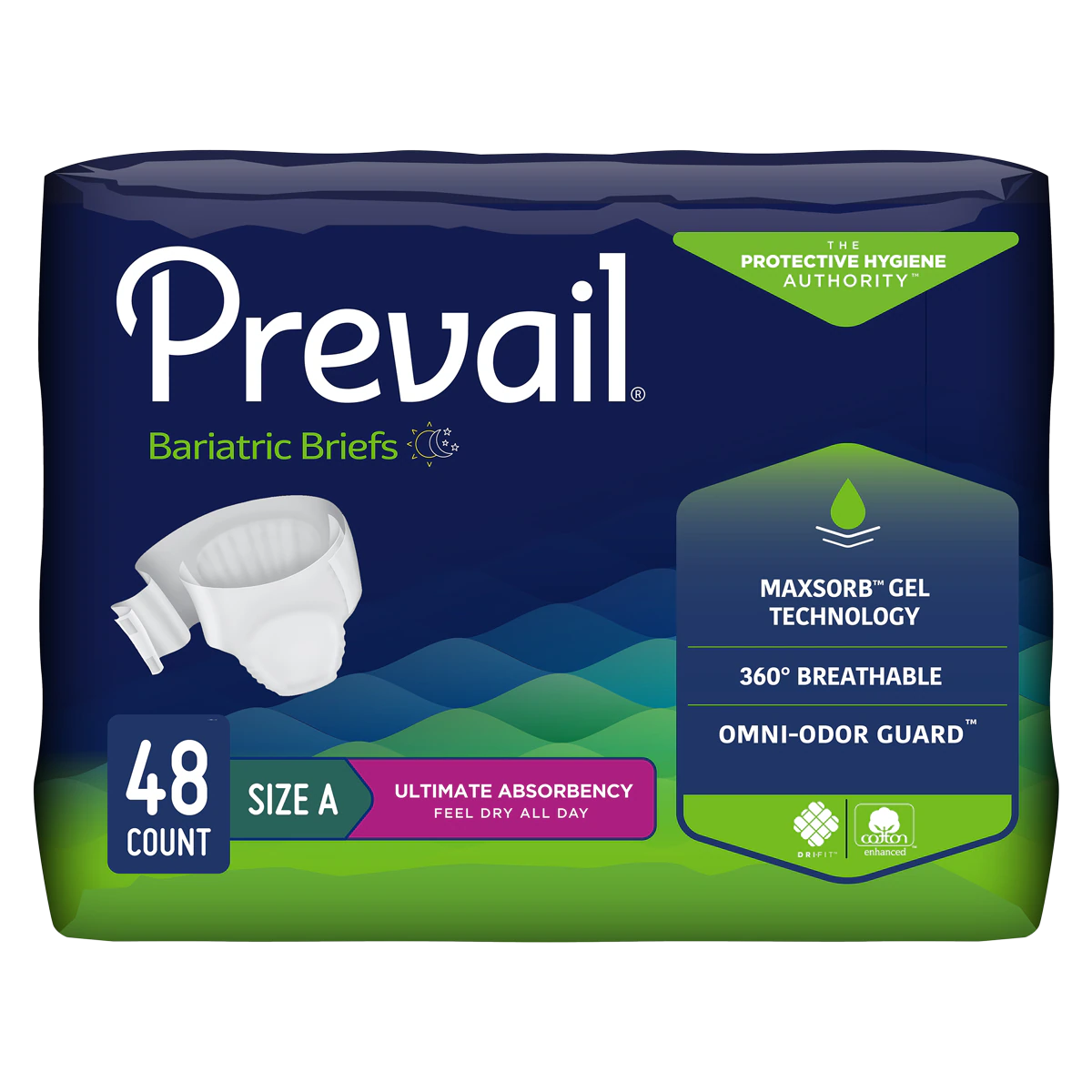 Prevail Incontinence Brief, Unisex, Adult 2XL, 62-73" Waist, Heavy Absorbency, Easy Lock Tabs, Green, 48/Case