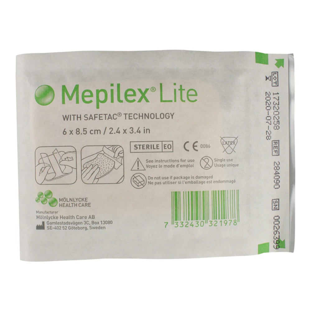 Mepilex Lite Foam Wound Dressing, 2.4" x 3.4", Sterile, Adhesive, White, Absorbent, Latex-Free