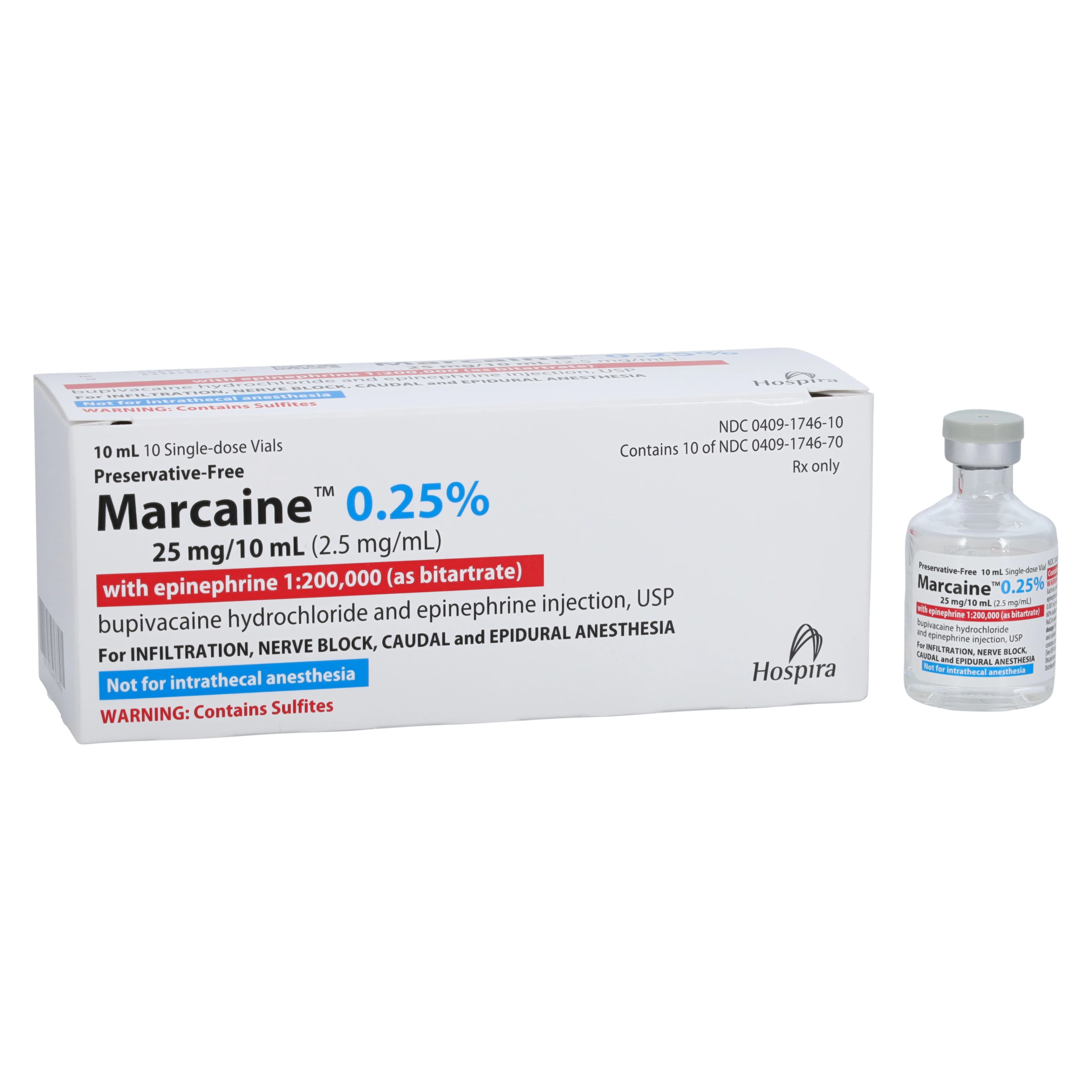 Marcaine (Bupivacaine HCl) with Epinephrine Injection, 0.25% with 1:200,000 Epinephrine, Preservative-Free, Single-Dose Vial, 10 mL, 10/Package