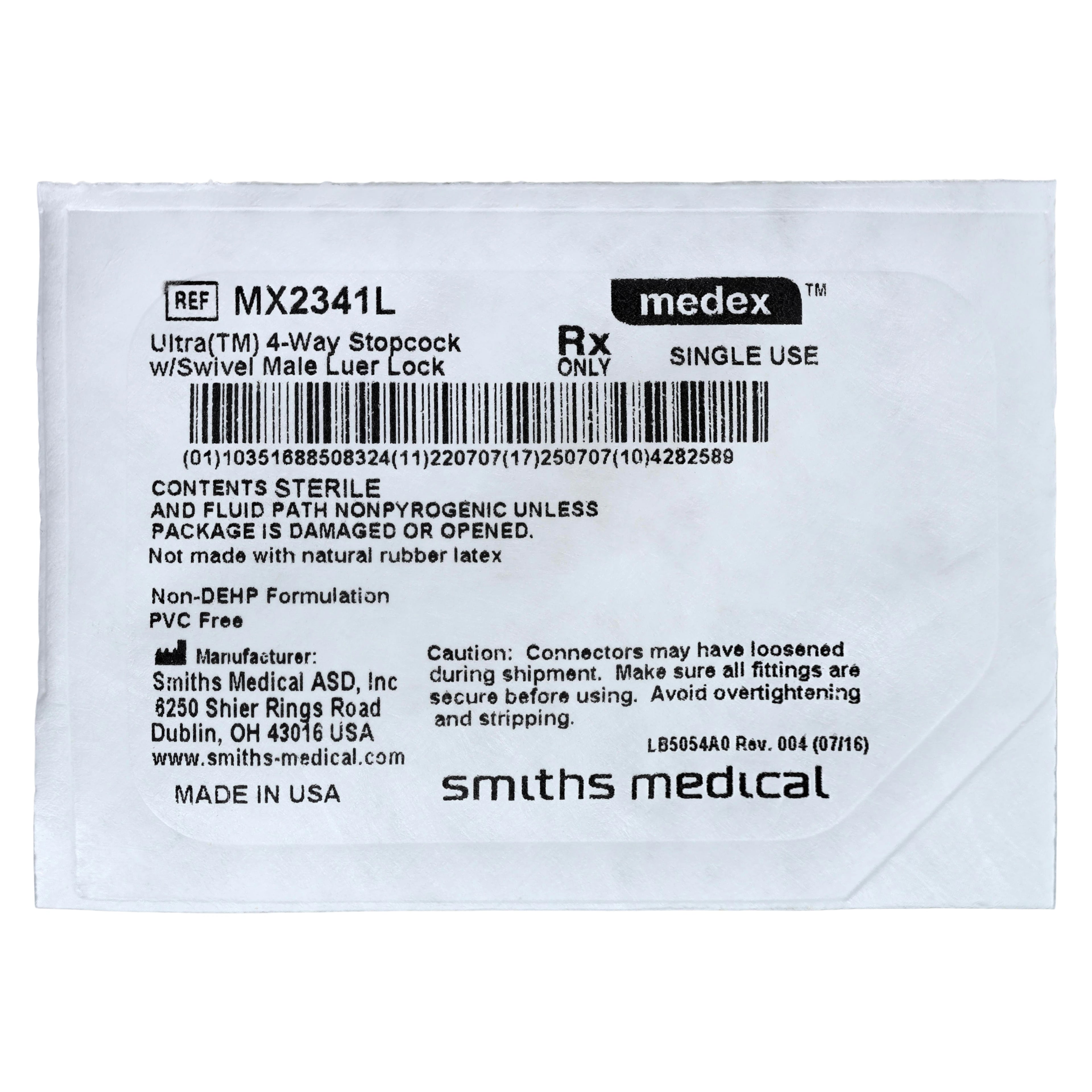 ICU Medical Ultra 4-Way Stopcock, Swivel Male Luer Lock, Non-Vented, Blue Cap, Non-DEHP/Non-PVC, Sterile, 50/Case