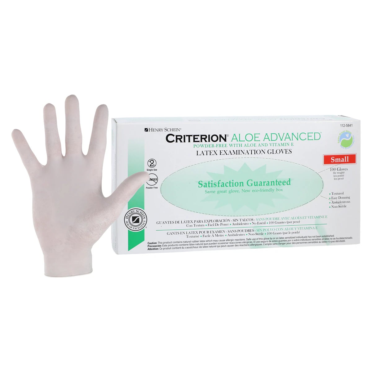 Criterion Latex Exam Gloves with Aloe and Vitamin E, Small, Powder-Free, Non-Sterile, White, 100/Box