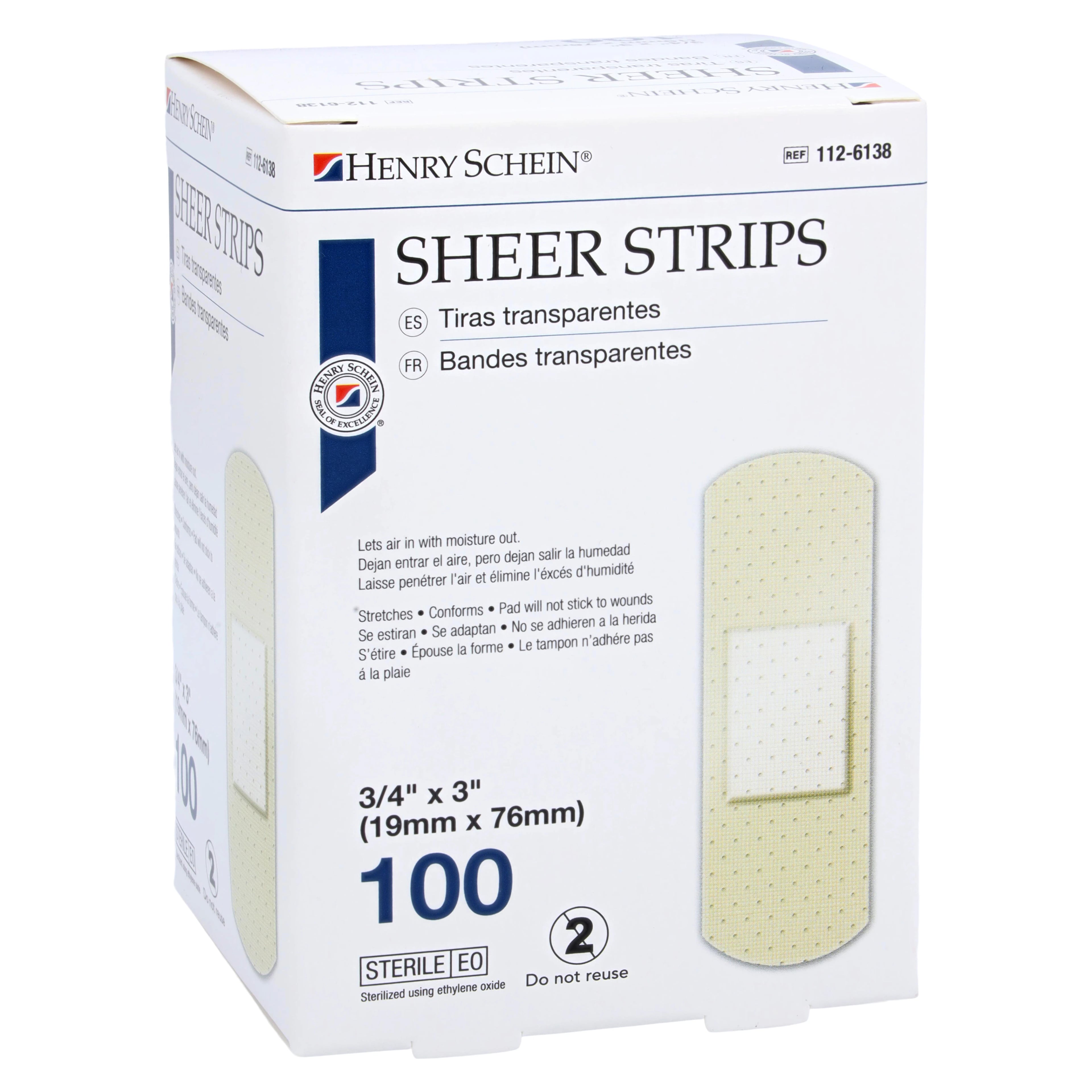 Henry Schein Adhesive Bandage, Plastic, Sheer, Sterile, 3/4" x 3", 100/Box